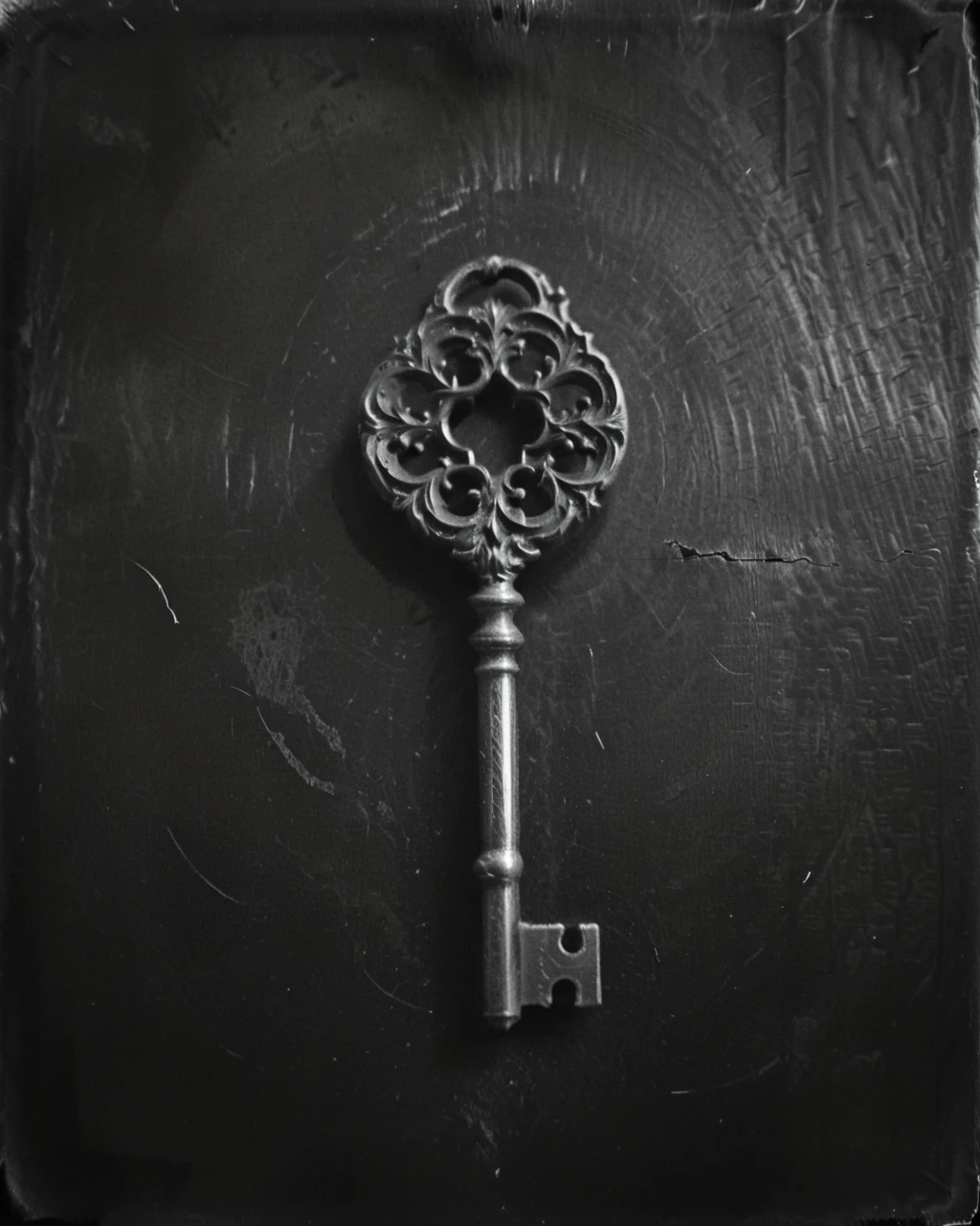 <lora:Old_Photo_Style:0.8> sinister, eerie, 01dPh0t0, black and white photo, an old Victorian key, occult