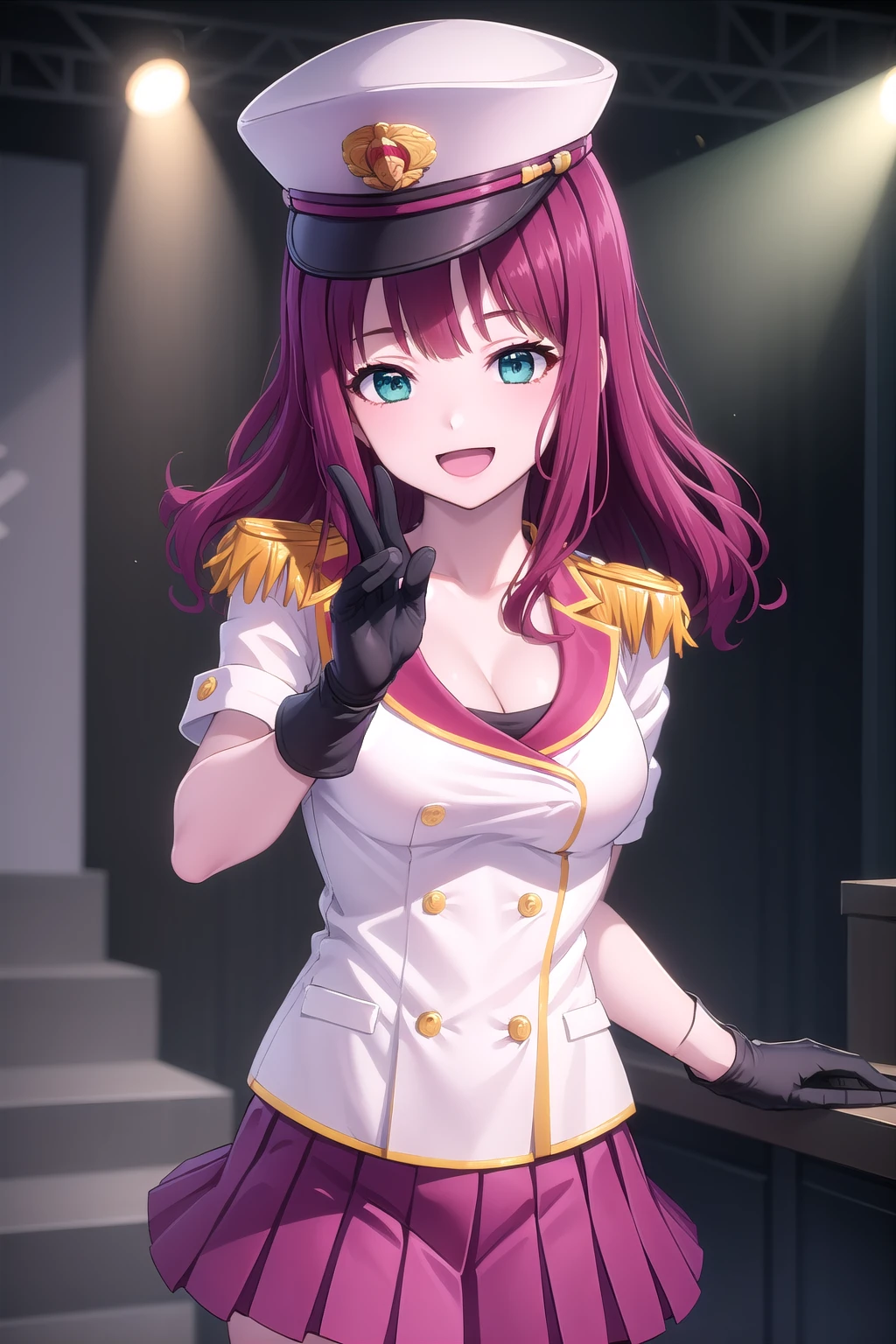 (masterpiece, best quality), highly detailed background, perfect lightingbest quality, ryoohaena, solo, indoors, stage, stage lights, idol, peaked cap, white headwear, red hair, blunt bangs, wavy hair, long hair, aqua eyes, medium breasts, epaulettes, white shirt, cleavage, buttons, short sleeves, black gloves, aiguillette, pink skirt, layered skirt, pleated skirt, military uniform, smile, open mouth, :d, <lora:Ryoo-Haena:0.7>