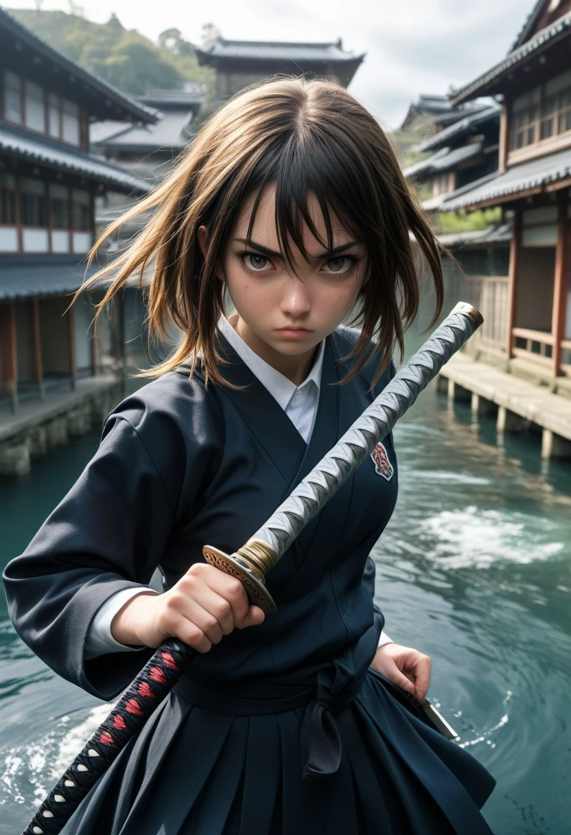 1girl,medium breasts, school uniform,
weapon, holding sword, battoujutsu, battoujutsu stance, ready to draw, sheathed, unsheathing, scabbard, fighting stance, 
from above, fisheye lens, looking down, water eye, workplace, closed mouth,
masterpiece, best quality, very aesthetic, absurdres