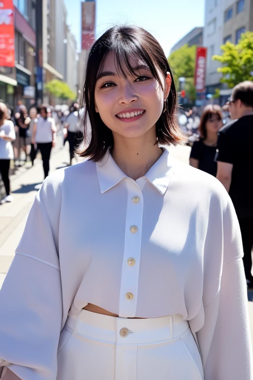 1girl, (masterpiece, RAW photo, best quality:1.4), (realistic, photo-realistic:1.4), extremely detailed, 8k wallpaper, ultra-detailed, highres, soft light, beautiful girl, young Japanese idol, brown eyes, (medium shot:1.6), (grin:1.2), (shoulder length hair:1.2), (White Button-Up, Relaxed Trousers:1.4), (walking in a bustling city street:1.4), relaxed aura, gravure photo, detailed eyes and face, perfect anatomy, shiny skin, detailed skin, (blurry background:1.2), professional lighting, shallow depth of field, vibrant colors, glossy finish, pastel colors, high fashion, editorial style, cinematic lighting, artistic composition,  <lora:wakayamashion_lora-v2_01:0.9>