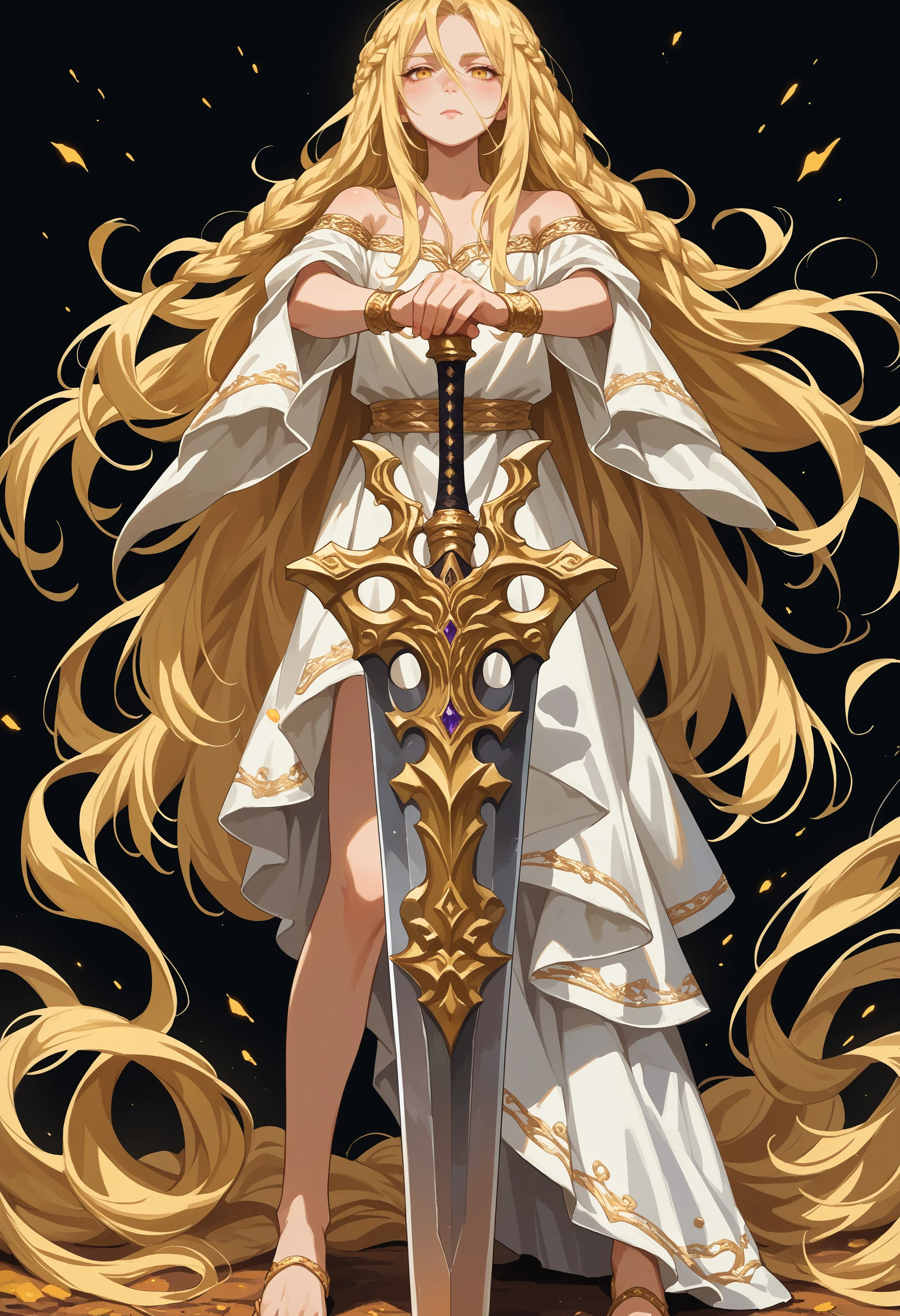 score_9, score_8_up, score_7_up, source_anime, <lora:wrenchEldenRingSoteMiquella:1>, ersotemiquella, blonde hair, 1boy, braid, long hair, yellow eyes, white robe, holding sword, greatsword, claymore, long hair, messy hair, white background,