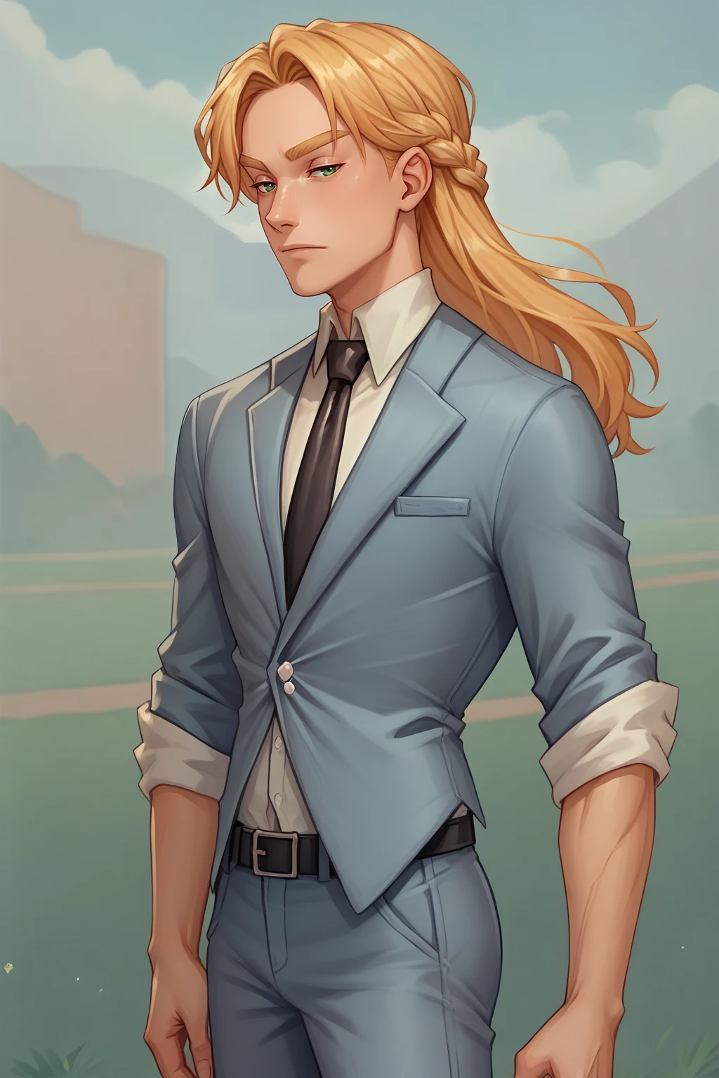 score_9, score_8_up, solo, 1boy, male focus, <lora:NSGustPortia:1> NSGustPortia, long hair, blonde hair, braid, green eyes, freckles, formal suit, white collared shirt, black necktie, blue pants, blue jacket, belt, sleeves rolled up, outdoors