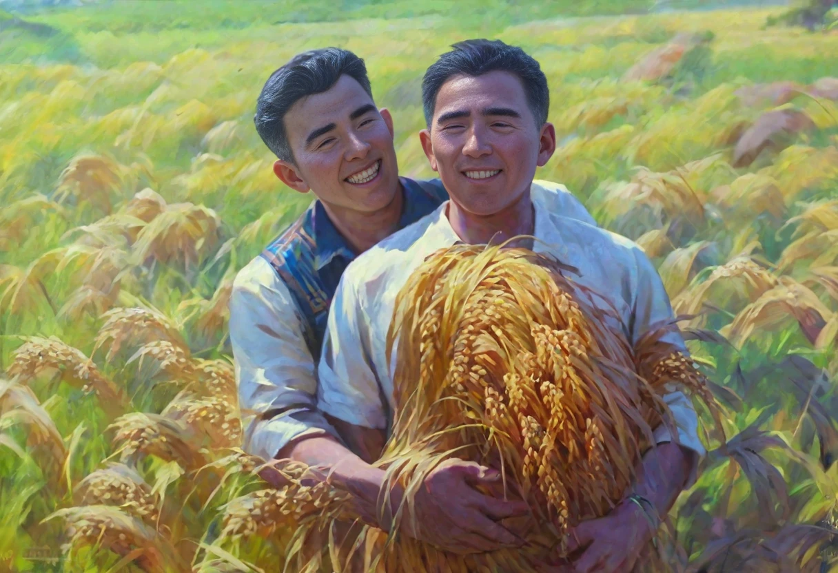 <lora:nk_join_v3:1> bestkoreaart, socialist realism, a painting of a man holding a bundle of wheat in a field of yellow grass with other men in the background, score_9, score_6_up, score_7_up