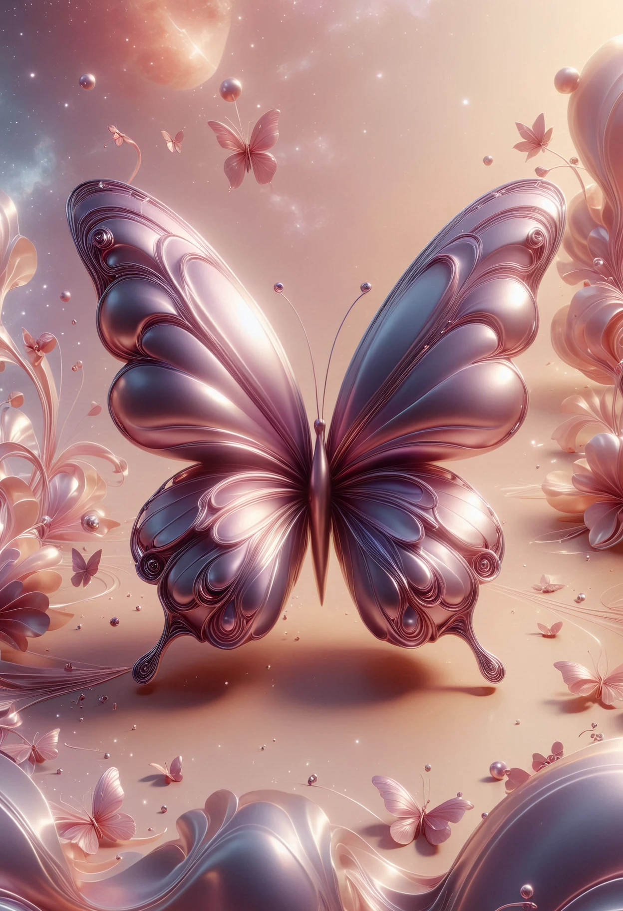 Experience a visually stunning butterfly, rendered in Phlox tones and complemented by a mesmerizing abstract universe that will leave you in awe, made out of metal, <lora:PinkieMtllcSDXL-v1:1>, p1nkm3t4l,