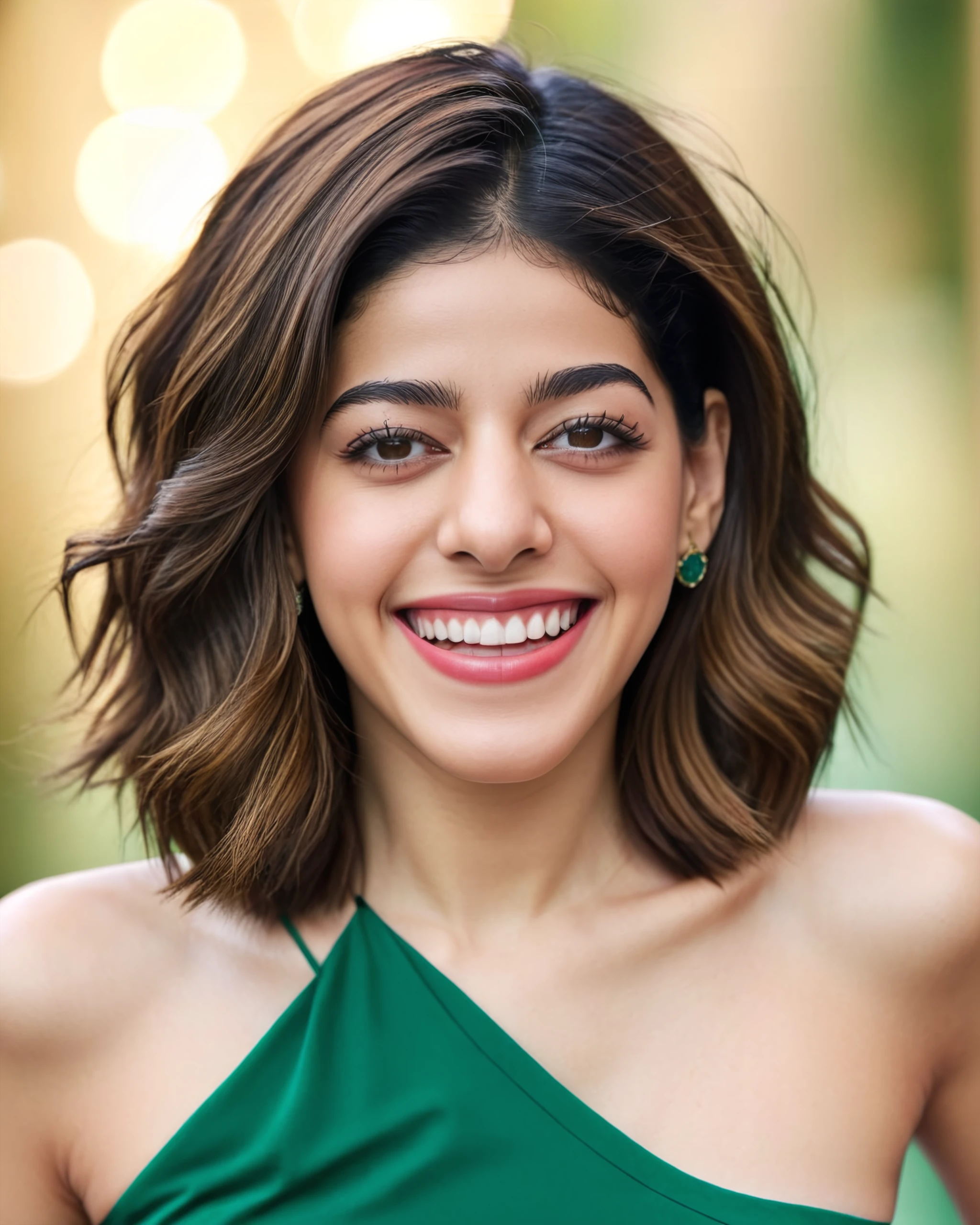 upper body photo of Alaya F woman, solo, bob hair cut, laughing, looking at the camera, ethnic Emerald , , contrasting background bokeh,  skindentation,  <lora:Alaya_F_SDXL_LoRA_prodigy_local_xformers_HNE:1>