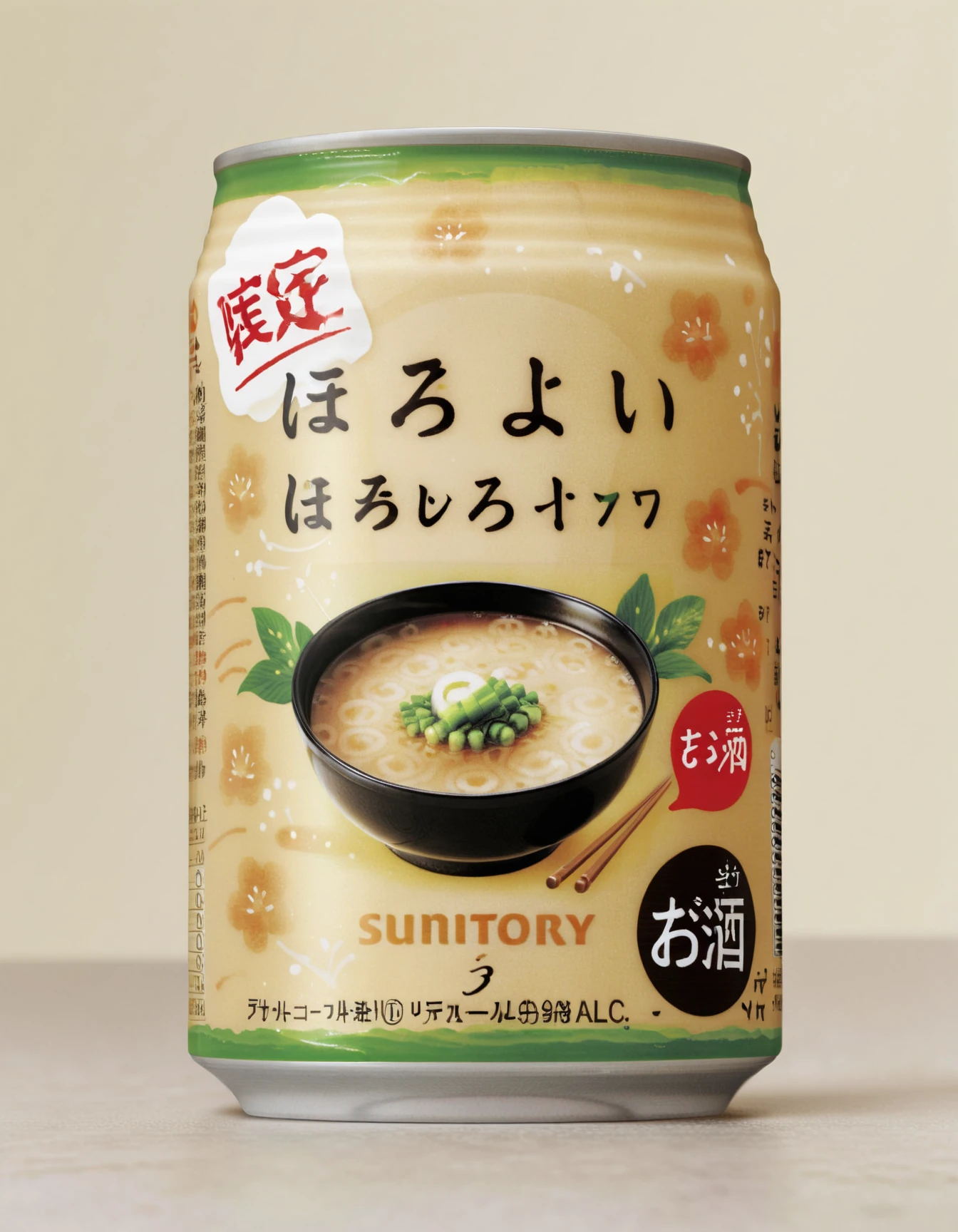 Create a realistic image of A can with a Miso soup imprinted on it, , SUNTORY, <lora:horoyoi2:0.8>,solo, close up,