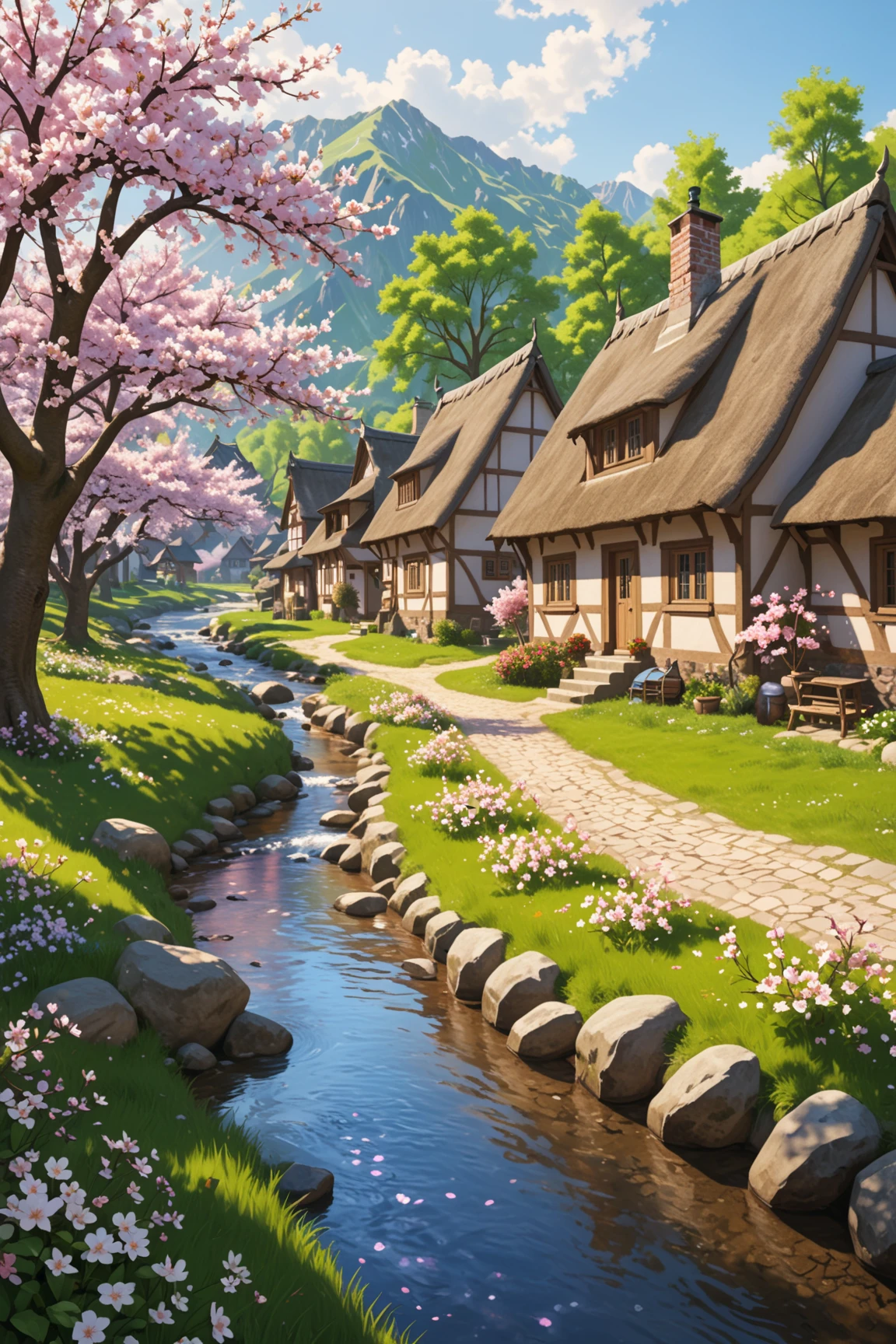 Idyllic village scene with charming Middle Ages cottages, blooming cherry blossoms, and a serene stream, under a (bright blue sky:0.2), ((warm scene)), cinematic, afternoon, realistic