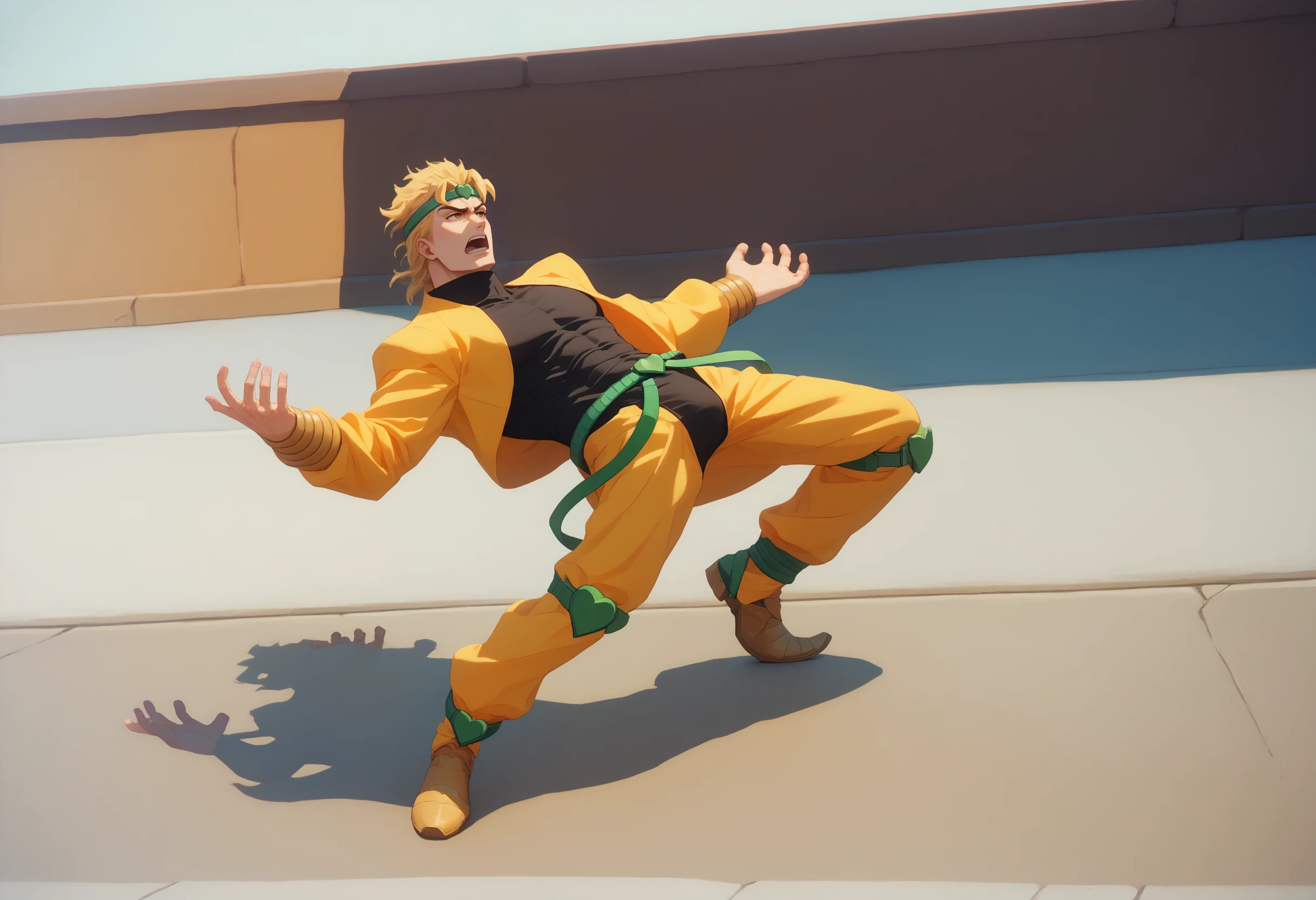 score_9, score_8_up, score_7_up, dioBrando, blonde hair, headband, yellow jacket, sleeveless turtleneck leotard, yellow pants, knee pads, pointy footwear, <lora:DioBrando_pdxl_Incrs_v1:1>, wryyyyyyyyyyyyyyyyyyyy, leaning back, full body, outstretched arms, <lora:WryyyyyyPose_pdxl_Incrs_v1:1.2>, 1boy, open mouth, outdoors,