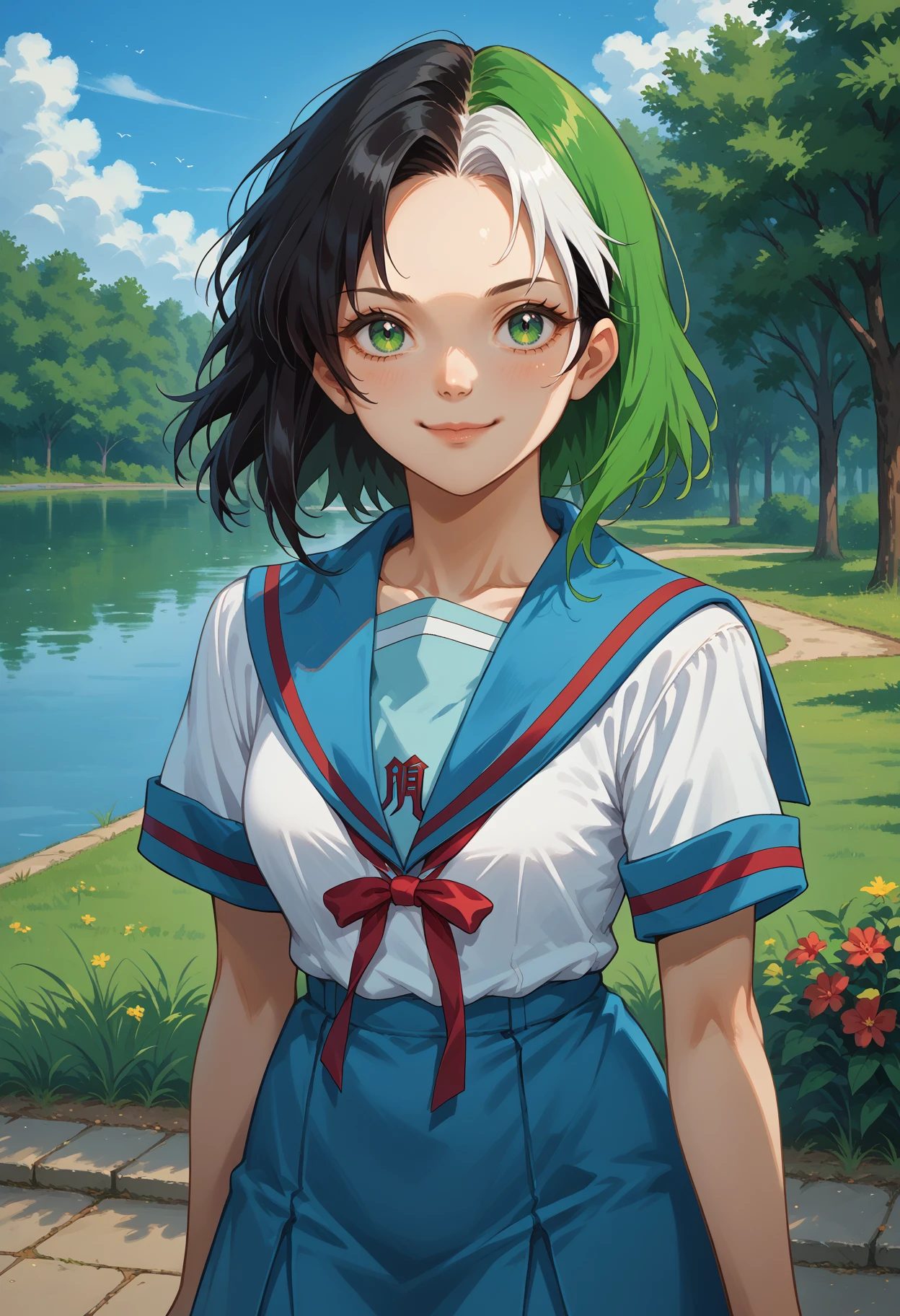 score_9, score_8_up, source_anime, 1girl, solo, KitaHighFemaleSummer, white shirt, blue sailor collar, short sleeves, red ribbon, blue skirt, NSMelionPalHair, green hair, black hair, white hair, multicolored hair, medium hair, multicolored eyes, medium breasts, <lora:NSMelionPalHair:1>, outdoors, park, smile, lake, <lora:ChamKitaHighUniformPonyXL:1>