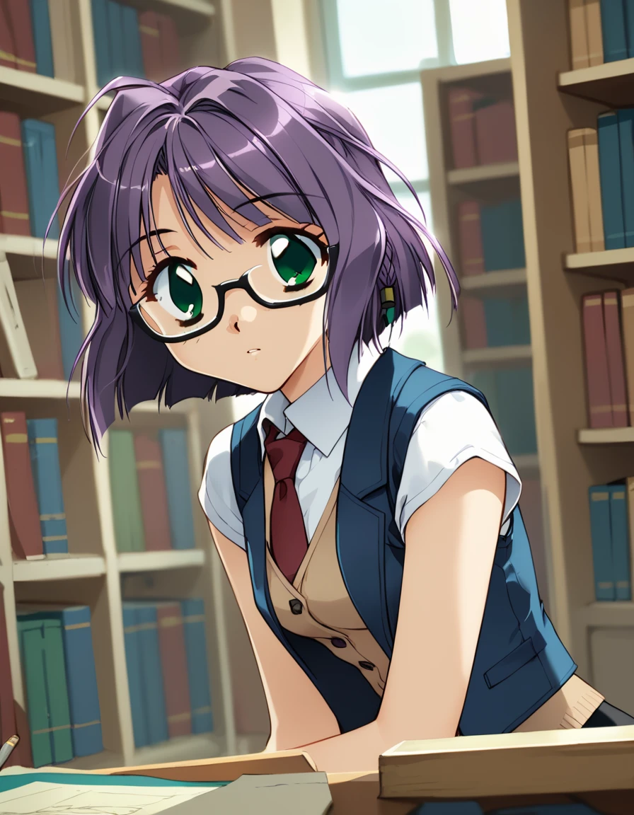 score_9, score_8_up, score_7_up, (aya kadoi), 1girl, vest, tie, glasses, purple hair, green eyes, inside, library, window,  <lora:1_xl_aya_kadoi_25e:1>