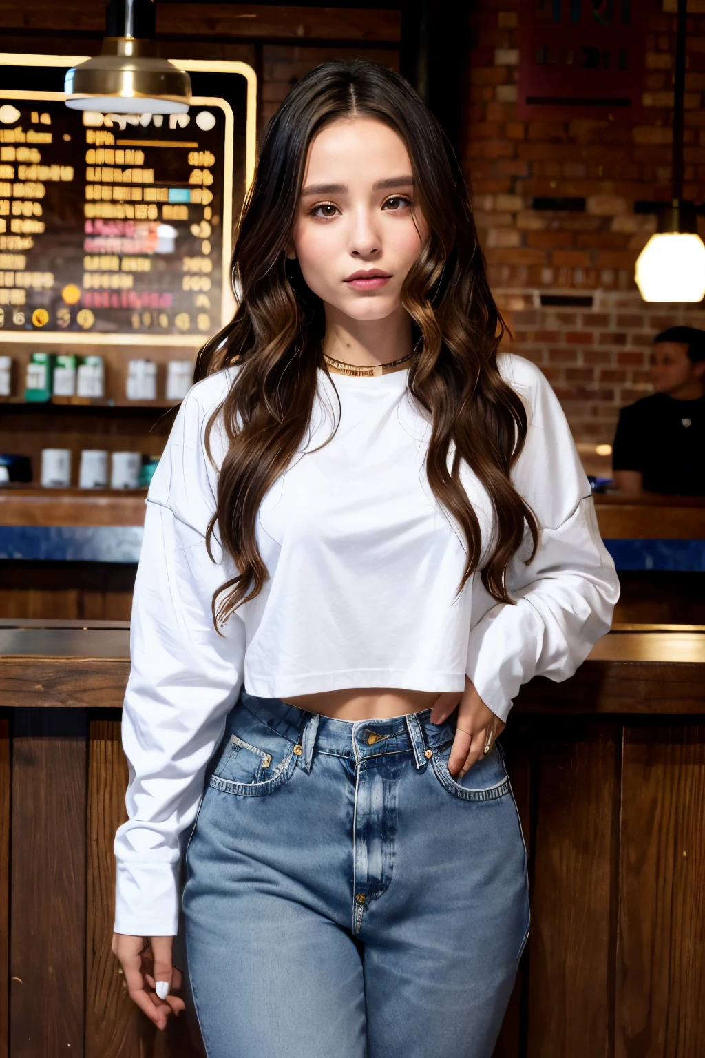 larissamanoela  <lora:larissamanoela:1> ,a woman wearing Long-sleeve shirt and jeans, coffee shop