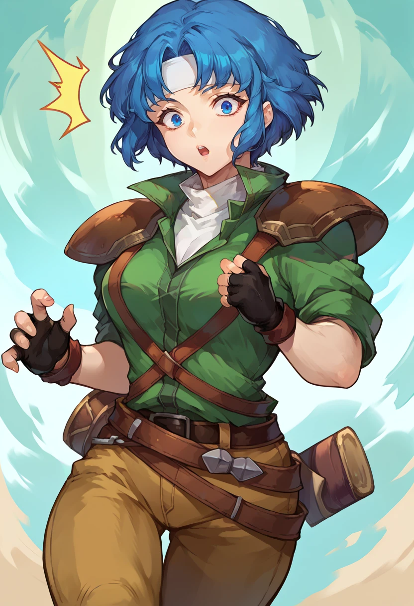 score_9, score_8_up, score_7_up, source_anime, BREAK, solo, 1girl, surprised, looking at viewer, <lora:Ronan-pdxl_Fp:1>,  ronanfe5, blue hair, blue eyes, short hair, headband, green collared shirt, turtleneck, armor, shoulder armor, fingerless gloves, brown pants, belt, breasts,