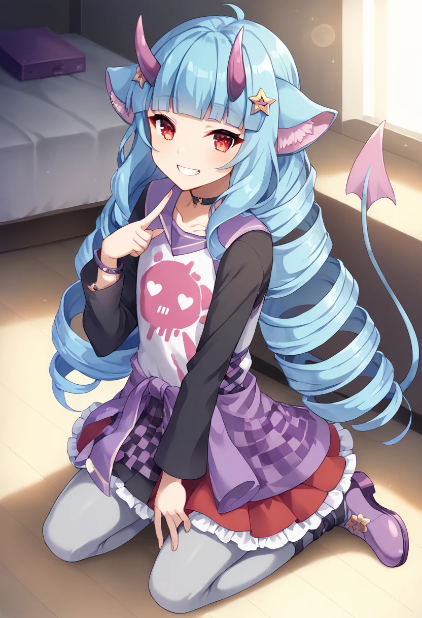 score_9,score_8_up,score_7_up,source_anime,masterpiece,best quality,game cg,1girl,solo,little_girl,delmin_(show_by_rock!!),very long hair,drill hair,blue hair,red eyes,twin drills,blunt bangs,horns,animal ears,hair ornament,tail,<lora:delminSB69:0.9>,fennery_clo,red skirt,black skirt,checkered skirt,shirt,gray pantyhose,long sleeves,black sleeves,bracelet,choker,purple clothes around waist,<lora:fennerySB69:0.8>,smile,grin,looking_at_viewer,dynamic_angle,lens_flare,kneeling,bedroom,index_finger_raised,devil tail,