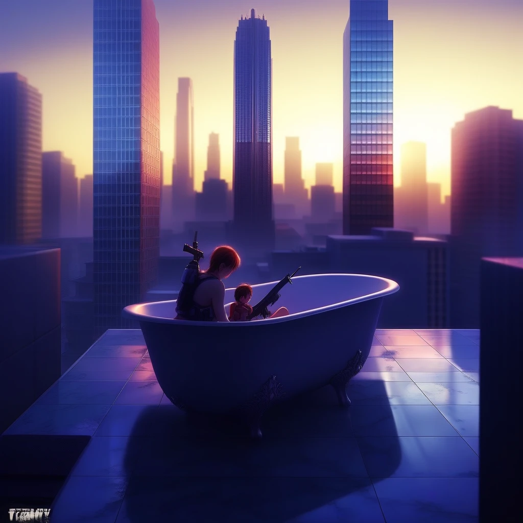 weapon, bathtub, skyscraper, 1boy, 1girl, cityscape, vehicle focus, tile floor, no humans, outdoors, scenery