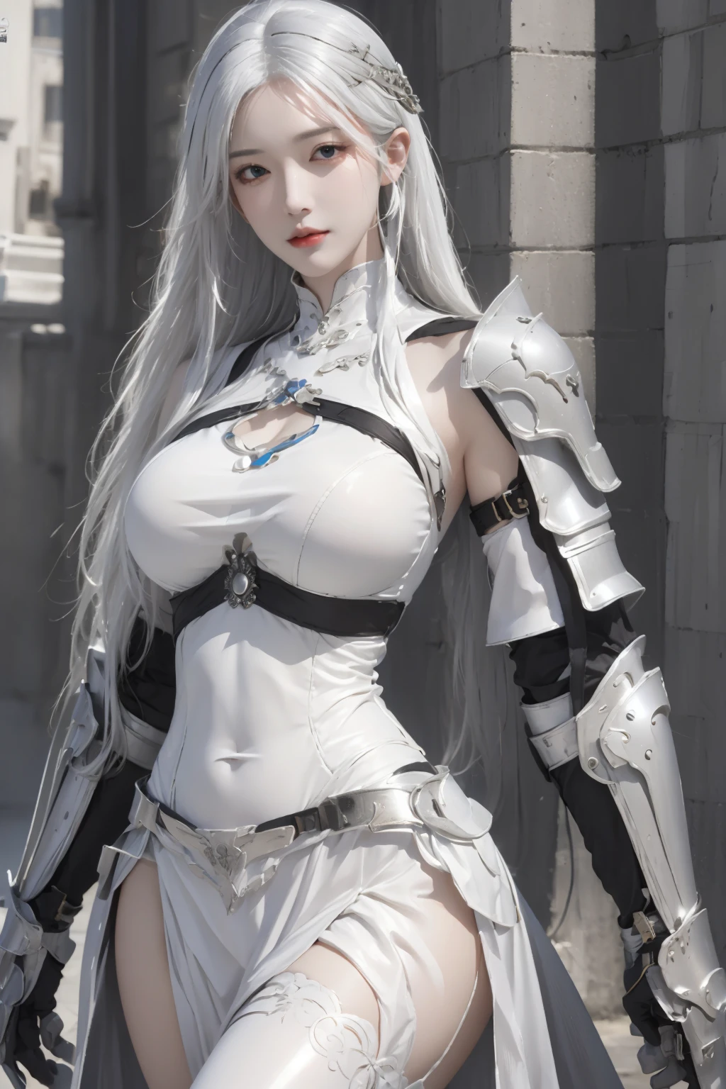 (masterpiece),(best quality),(ultra detailed),realistic,1woman,solo,hips up,closed mouth,armor,white hair,accessories,<lora:ntmix:0.7>,