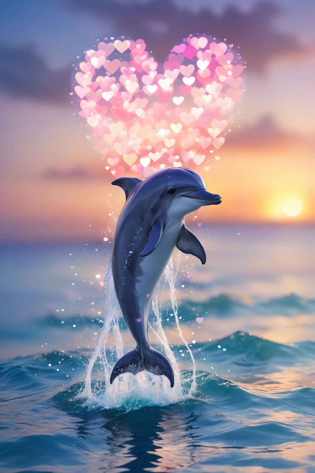 Kawaii dolphin, jumping out of the water, sunset creating bokeh lights on the ocean, vibrant and happy super cute wallpaper, anime, comic, 
 <lora:aidmaBokehmachine-V0.1:0.725>   ,  bokehmachine, blurry background, heart bokeh