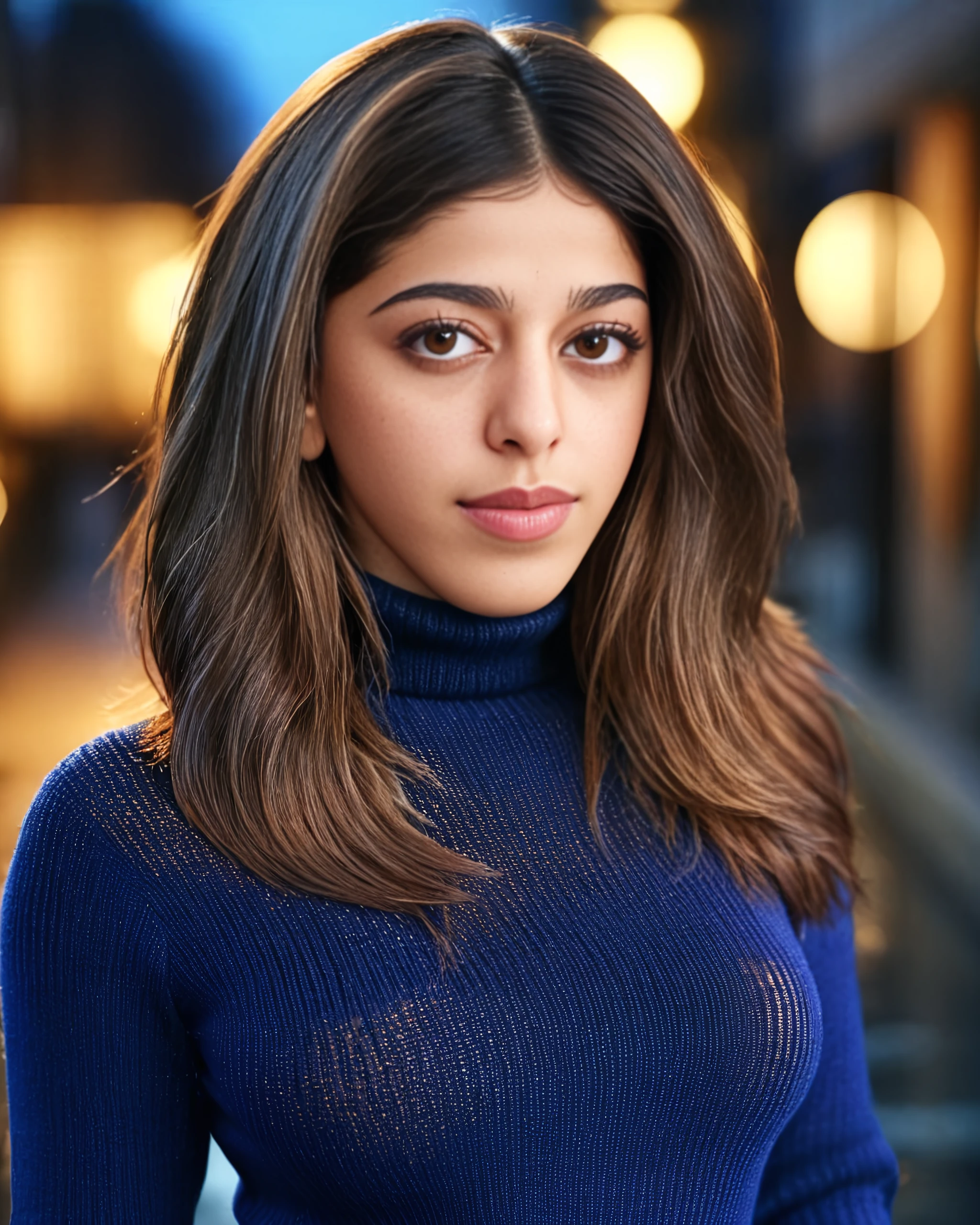 portrait photo of Alaya F woman, solo,  hair cut, , looking at the camera, ethnic Indigo turtleneck sweater, night time, contrasting background bokeh,  skindentation,  <lora:Alaya_F_SDXL_LoRA_prodigy_local_xformers_HNE:1>