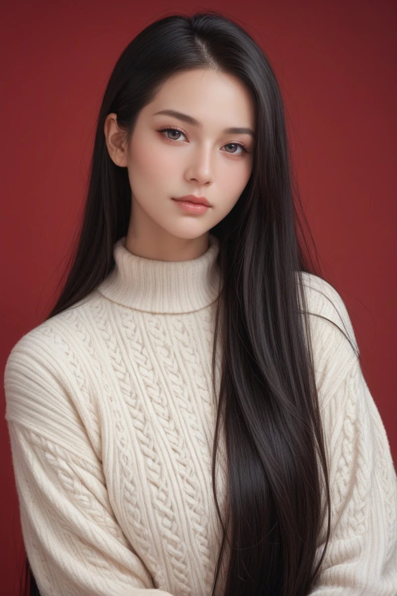 ,score_9,score_8_up,score_7_up, 20 years old, 8k, hd, beautiful girl, black hair, very long hair, straight hair, closed mouth,
1girl, detailed face, beautiful woman's face, sweater, red background, looking at viewer,