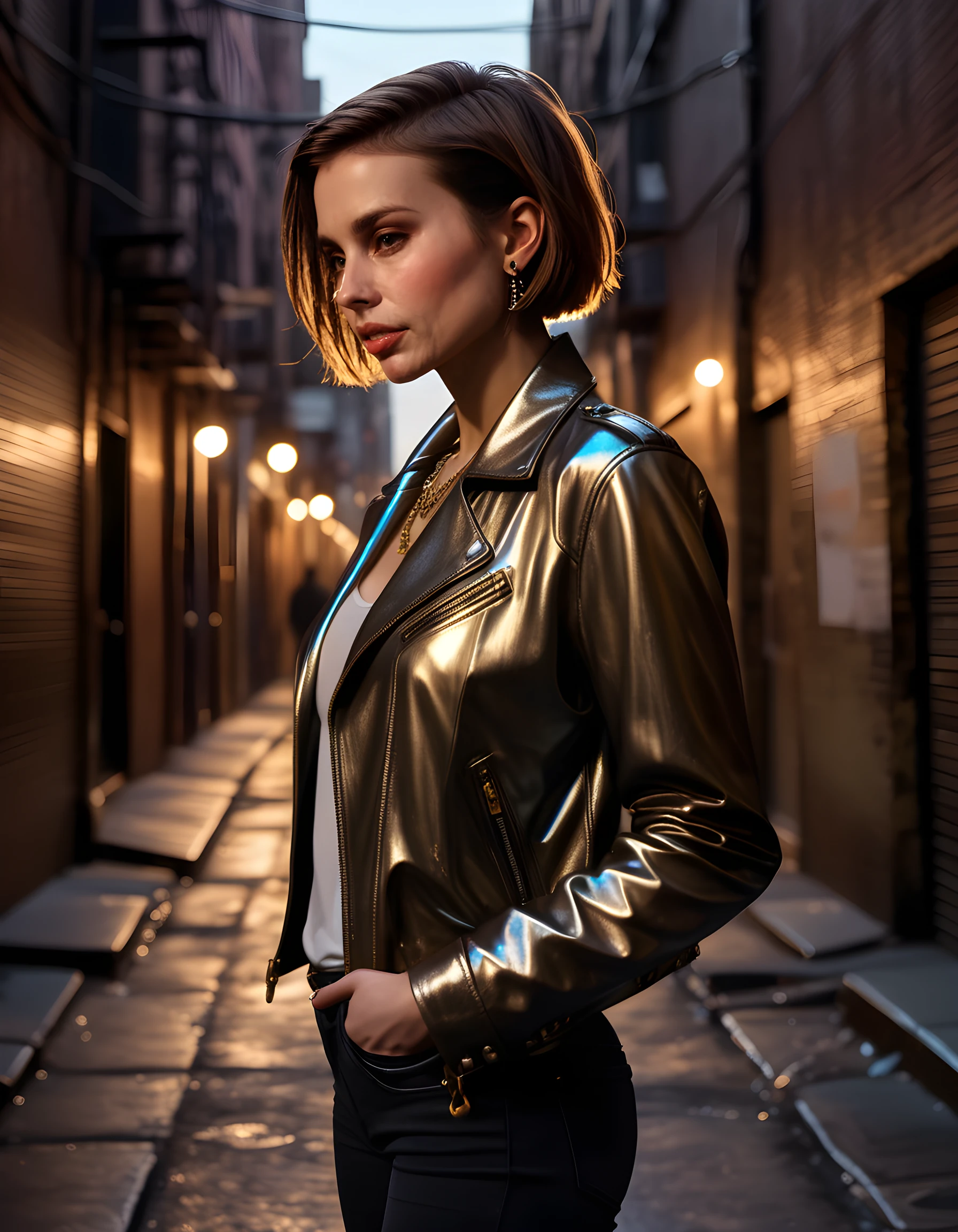 In a gritty, noir-inspired urban landscape at twilight, ER1K4R stands confidently against the backdrop of a neon-lit alleyway, her short, sleek brown hair framing her intense gaze. Her leather jacket, adorned with intricate silver and brass studs, hugs her lean frame as she clutches a heavy, gold pendant necklace in her hand. The warm glow from the streetlights casts an ethereal, mysterious aura around her, emphasizing the iridescent shimmer of the jewelry and the cold metallic sheen of her jacket, while the long shadows created by the alleyway walls elongate her slender silhouette, exuding an air of toughness and resilience. The camera captures this moment from a low angle, highlighting her dominance within the scene as she stands tall and unyielding amidst the chaotic cityscape, her defiant posture speaking volumes about her determination and strength in the face of adversity.