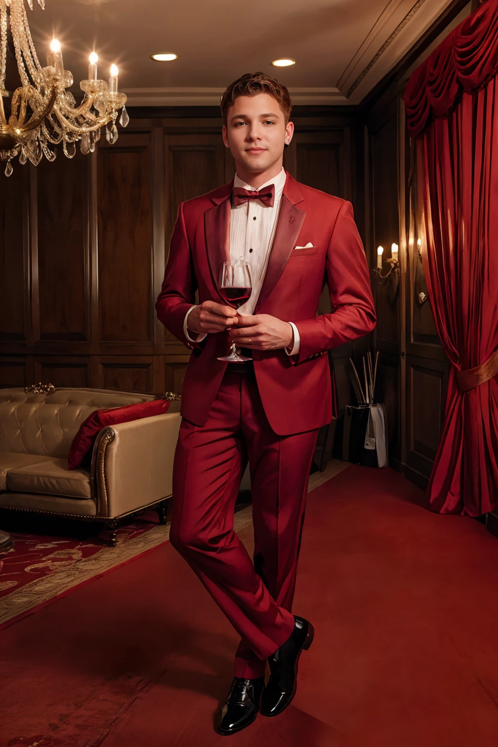 reception in a ballroom, suave, sultry, handsome, JeremiahCruze wearing TUX3D0, red silk outfit, holding a wine glass,  (((full body portrait))), wide angle  <lora:TUX_LoRA_V1:1>  <lora:JeremiahCruze:0.8>