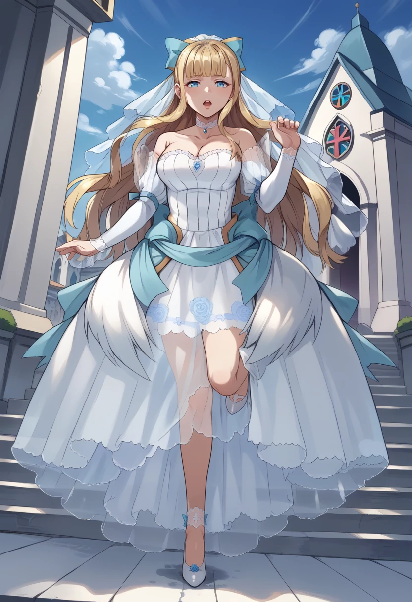 score_9, score_7_up, 1girl, looking at viewer, open mouth, standing on one leg, <lora:CharlotteFE-pdxl:0.9> brdChar, long hair, blunt bangs, hair bow, blue bow, veil, white choker, wedding dress, strapless, cleavage, detached sleeves, see-through sleeves, see-through skirt, high heels, white footwear, outdoors, sky, church