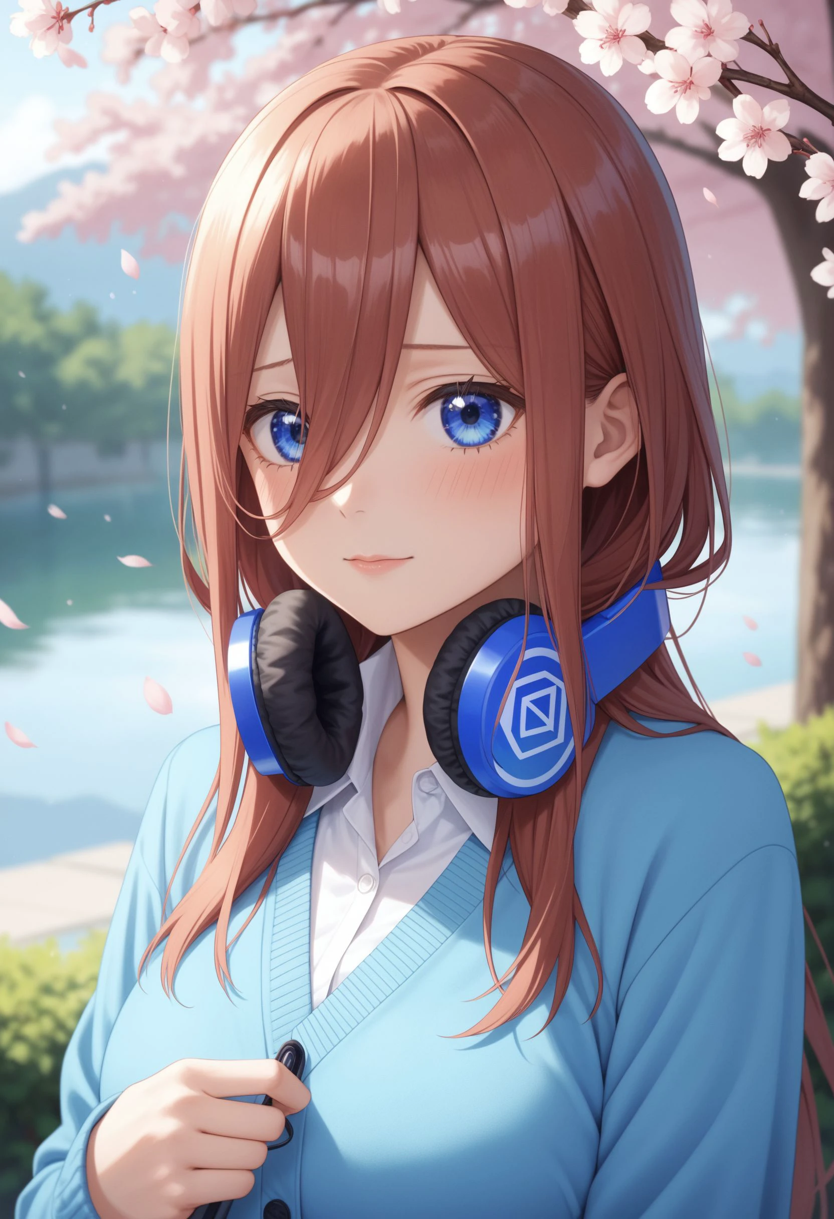 score_9, score_8_up, score_7_up, source_anime,
1girl, nakano miku, go-toubun no hanayome, blue eyes, brown hair, blue cardigan, collared shirt, long sleeves, headphones around neck, long hair, shy, looking at viewer, upper body, outdoors, cherry blossoms,