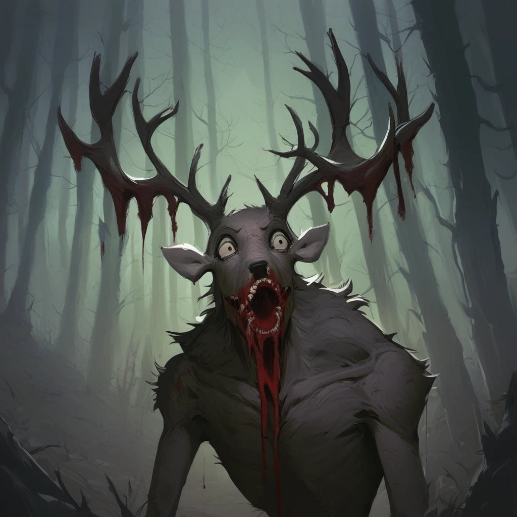 (masterpiece:1.2, best quality:1.2, 2D:1.2, sharp:1.2), (hotify), perfect anatomy, perfect eyes, perfect background, (solo, full body shot), (dusk_environment), (forest), beautiful shadows and lights, volumetric lights, canine skull face, wendigo, open mouth, long tongue, tail, feet, paws, claws, fangs, antlers, bloody fur, bloody hands, bloody mouth, black fur, white eyes, glowing eyes, deep red skin, nsfw, massive ass, massive thighs, massive penis, erection, massive testicles, male,