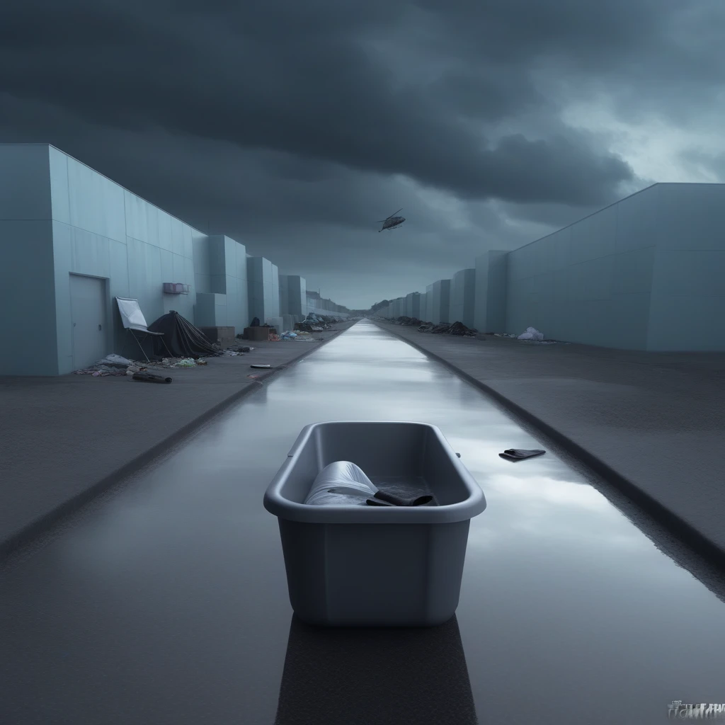 bathtub, no humans, trash bag, road, tile floor, box, street, outdoors, gun, cloudy sky, star (sky)