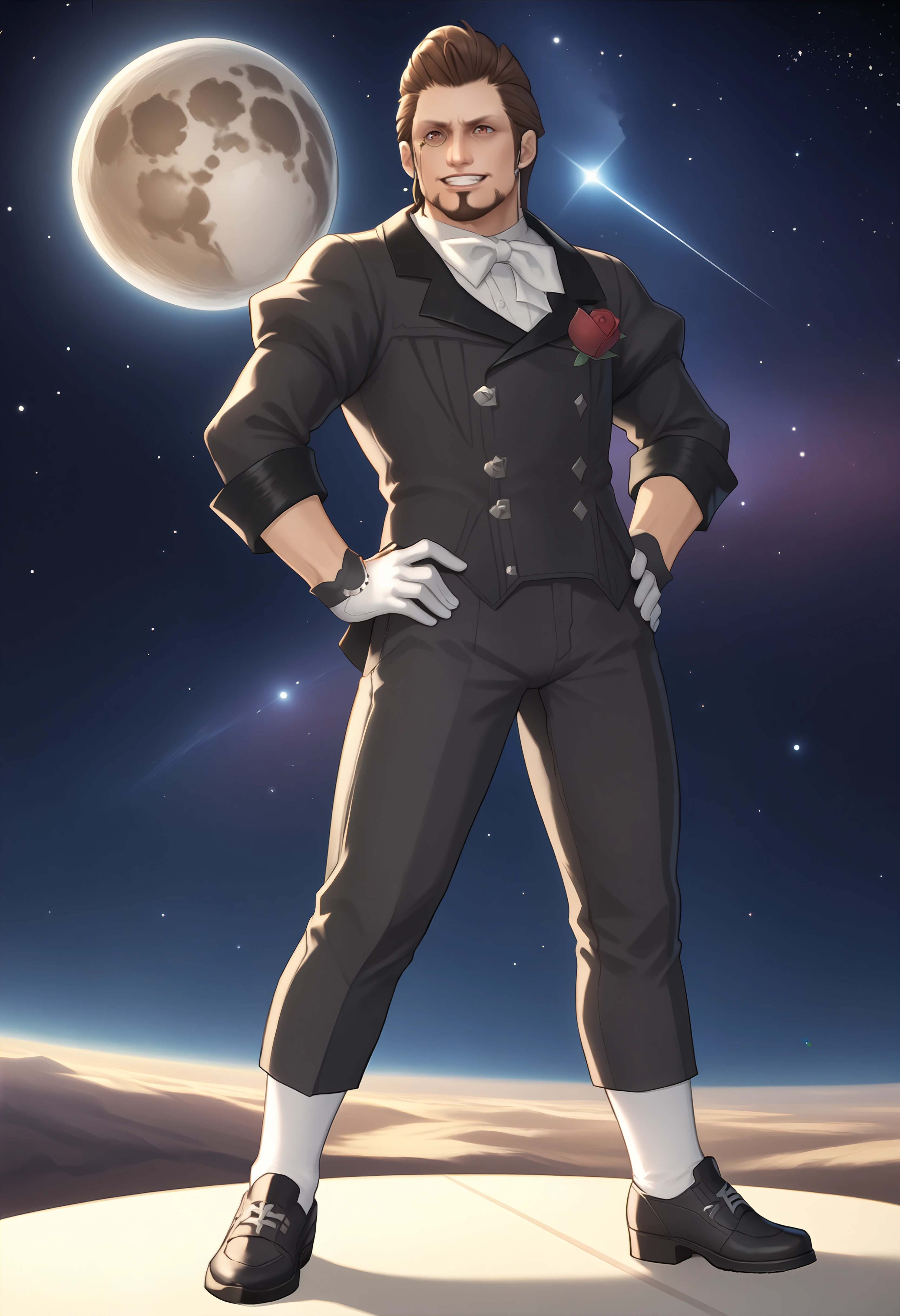 score_9,  score_7_up, source_anime BREAK Hildibrand, male focus, monocle, facial hair,  black jacket, white bowtie, rose boutonniere, white gloves, black pants, white socks, black footwear, grin, standing on the surface of the moon, hands on hips, space, stars, nebula <lora:clamXIVHildibrand_lycoris:1>