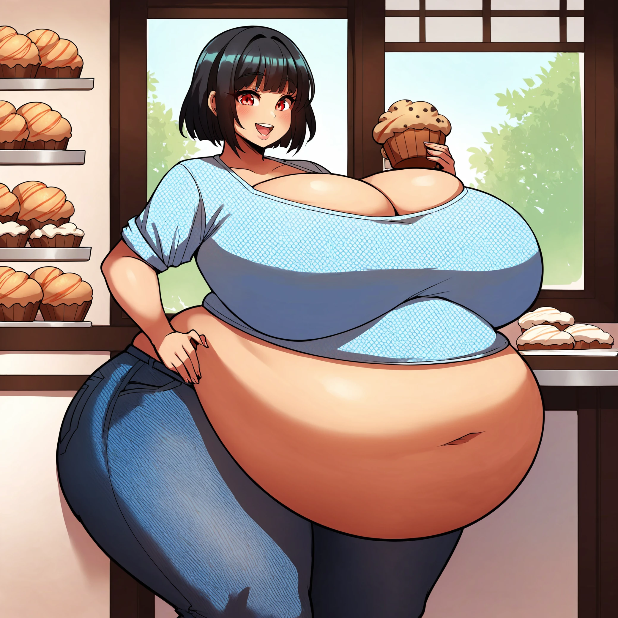 (masterpiece), best quality, (highly detailed), score_9, score_8_up, score_7_up, score_6_up, score_5_up, 1female,  <lora:Alpha_Erasure_Style:0.6>, bakery, huge breasts, wide hips, huge belly, fat, shirt, jeans, holding muffin, smile, black hair, short hair, red eyes, indoor,