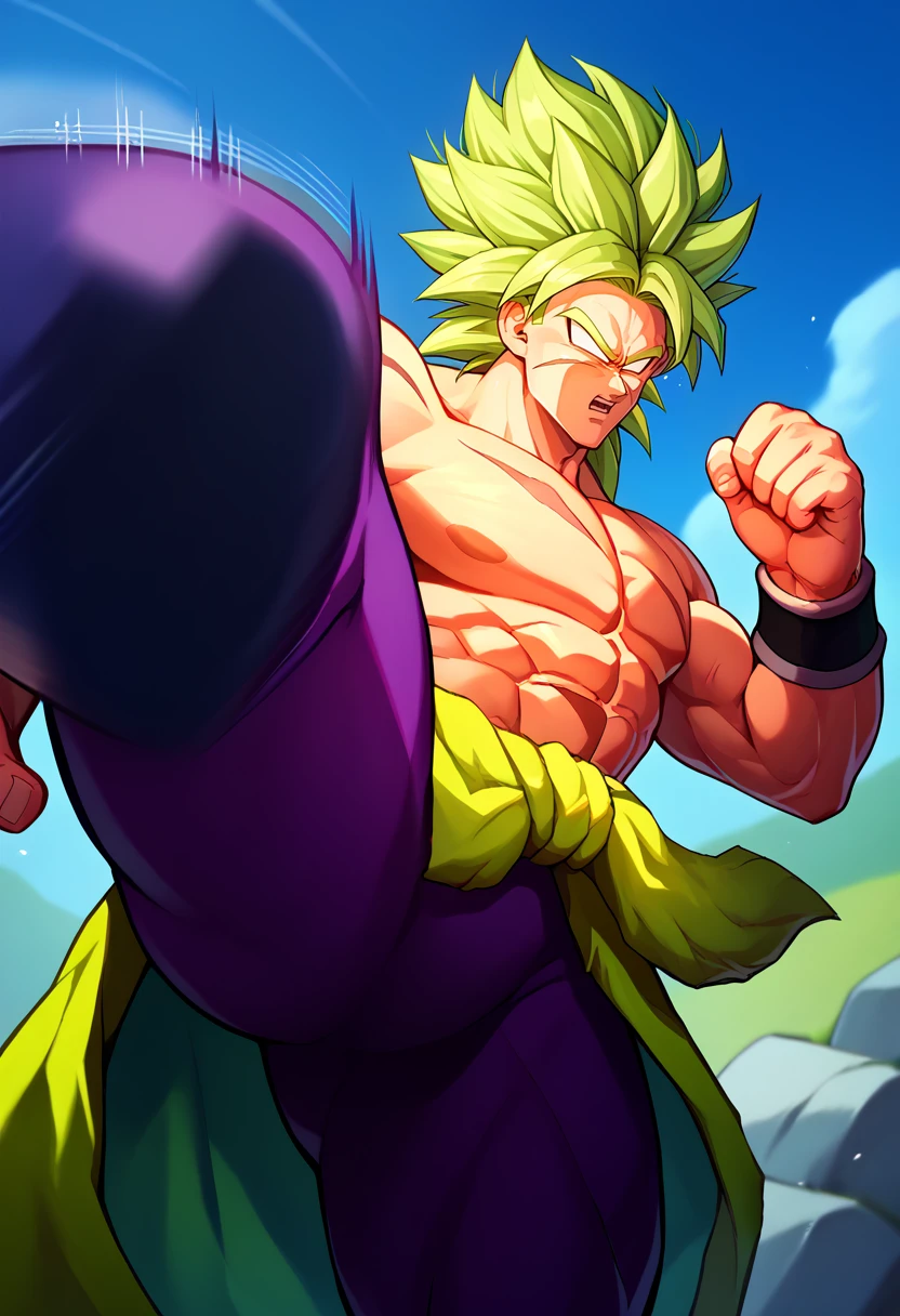 score_9, score_8_up, score_7_up, brolyLSS, super saiyan, green hair, spiked hair, no pupils, blank eyes, abs, muscular, muscular male, alternate muscle size, topless male, scar on face, scar on chest, pectorals, clothes around waist, purple pants, <lora:BrolyDBSuper_pdxl_Incrs_v1:1>, <lora:KickingAtViewer_XLPD:1.1> kicking, kicking at viewer, outdoors, motion lines, motion blur,