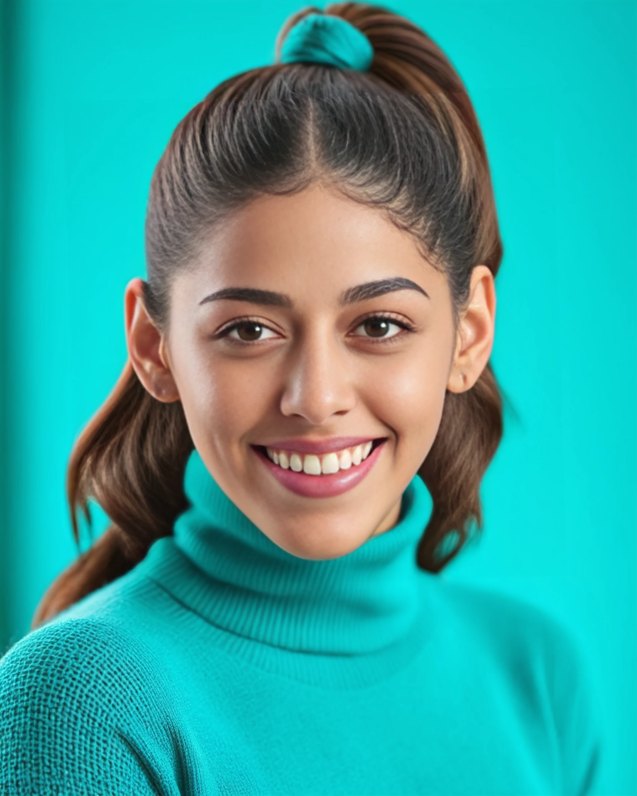 portrait photo of Alaya_F woman, solo, ponytail hair cut, smile, looking at the camera, ethnic Teal turtleneck sweater, , contrasting background bokeh,  skindentation,  <lora:Alaya_F_SDXL_LoRA_prodigy_local_xformers_HNE:1>