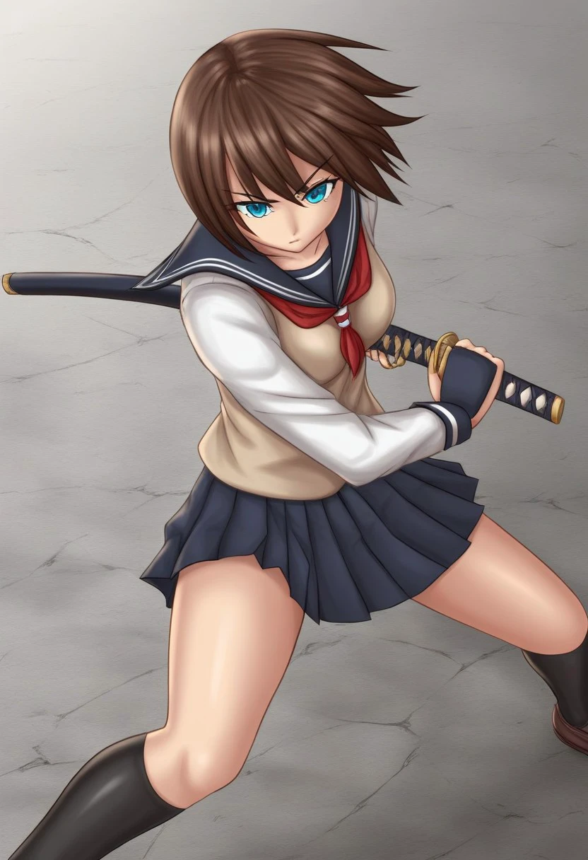 1girl,medium breasts, school uniform,
weapon, holding sword, battoujutsu, battoujutsu stance, ready to draw, sheathed, unsheathing, scabbard, fighting stance, 
from above, fisheye lens, looking down, water eye, workplace, closed mouth,
masterpiece, best quality, very aesthetic, absurdres