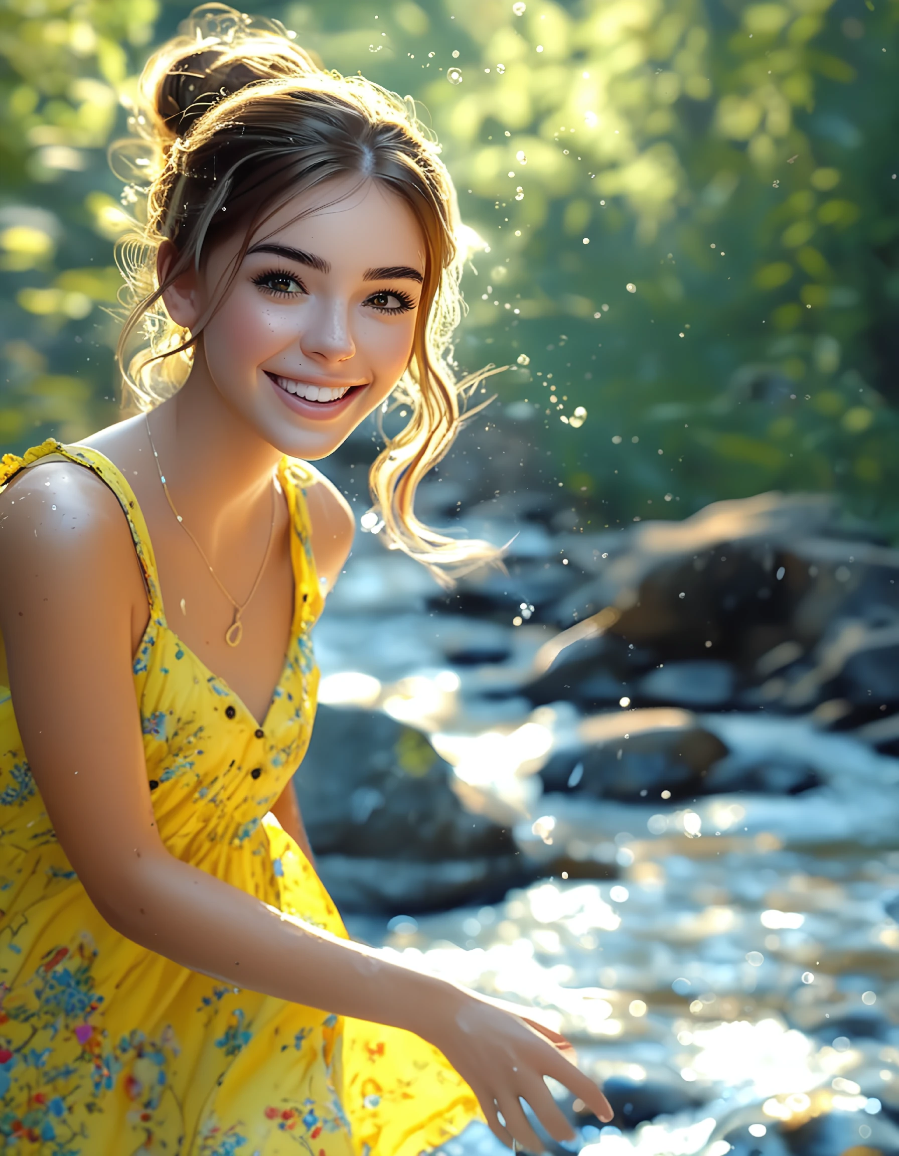 A pretty young woman with messy light brown hair and black eyes walks through a stream in a little yellow summer dress she has a big smile splashing water, realistic, hyper-realism, (best quality:1.2)









































































































































































































































































































































































