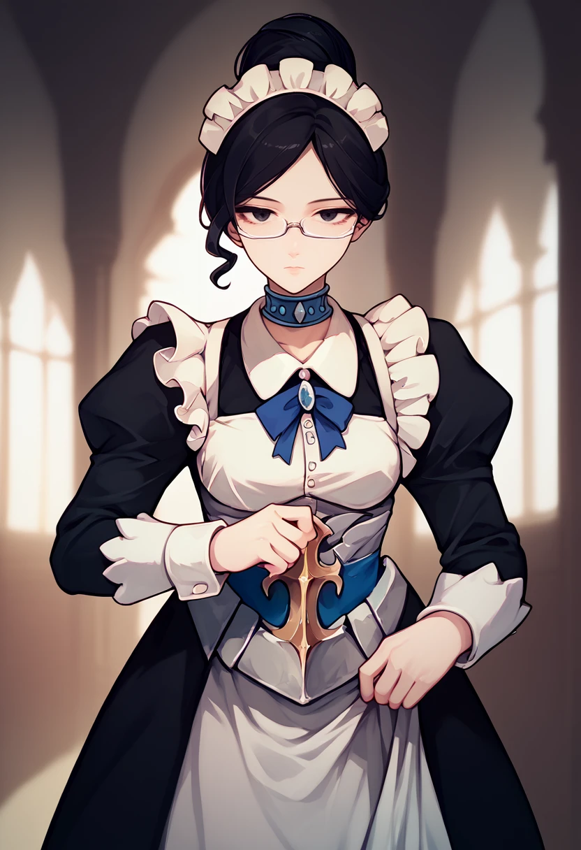 score_9, score_8_up, score_7_up, solo, 1girl, yurialpha, expressionless, looking at viewer, skirt hold, single hair bun, maid headdress, black eyes, glasses, armor, black dress, puffy long sleeves, white wrist cuffs, blue choker, indoors <lora:ol_yurialpha_ponyXL:1>