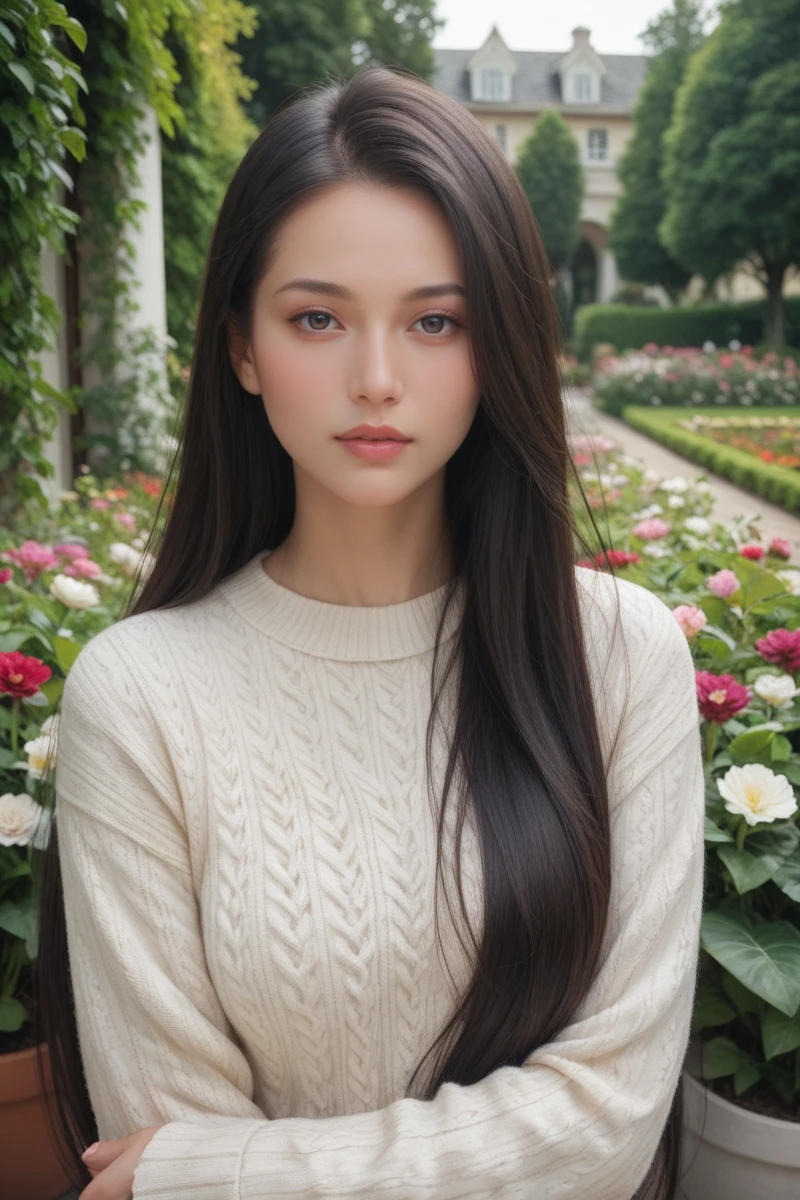 score_9,score_8_up,score_7_up,
masterpiece, 20 years old, 8k, hd, beautiful girl, black hair, very long hair, straight hair,
1girl, detailed face, beautiful woman's face, sweater, garden, full of flowers, looking at viewer, upper body, half body,