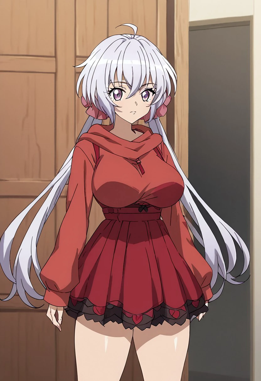 anime screencap, score_9, score_8_up, score_7_up, score_6_up, score_5_up, score_4_up, masterpiece, big breasts, big thighs, thin waist, Bottomless, Transparent background, Chris_Yukine, Long hair, white hair, twintails, purple eyes, long breasts, Red dress, thighhigh, sleeves,