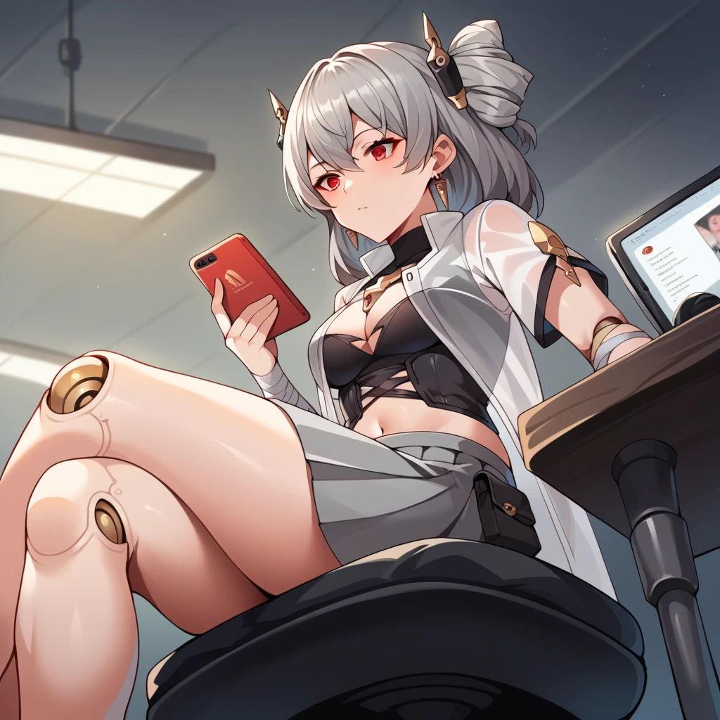 score_9_up, score_8_up, score_7_up, source_anime, masterpiece, best quality, 1girl, solo, Prometheus, Prom_Def, ceiling light, sitting on office chair, red monitors, holding ipad, finger on ipad, looking at ipad, emotionless, from side, from below, crossed legs, white footwear, grey hair, twin drills, headgear, grey skirt, robot joints, red eyes, pleated skirt, black corset, midriff, navel, grey coat, see-through coat, center cutout, earrings, jewelry, short sleeves, bandaged arms, pouch, wrist sleeves, mature body, dynamic cowboy shot, indoors, facility laboratory background