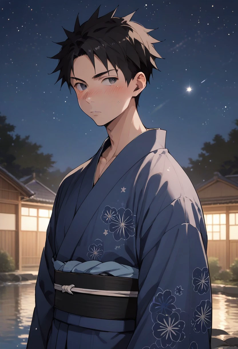 score_9, score_8_up, score_7_up, source_anime,  Nishikata is 1boy, ,solo, black eyes, black hair, blue Yukata,  dark-blue obi, blush , looking away, starry night,