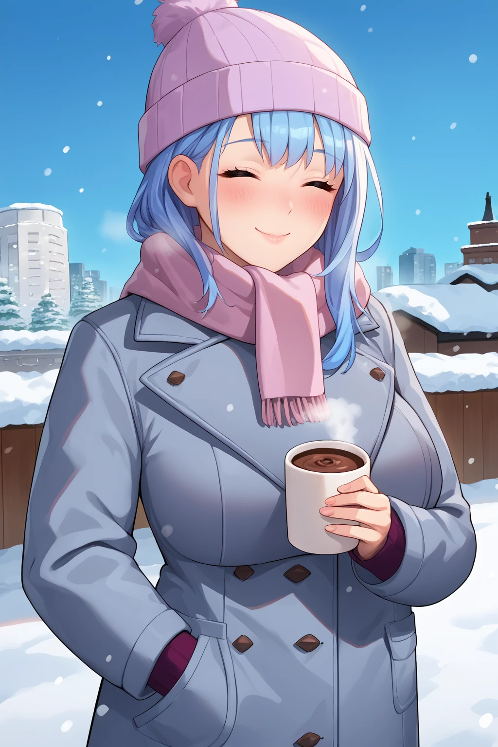 score_9, score_7_up, source_anime, cowboy shot, closed eyes, blush, smile, d1do, large breasts, long hair, beanie, scarf, winter clothes, coat, hand in pocket, holding drink, hot chocolate, outdoors, snow, city, european architecture, <lora:Hoseki_AzurLane_Dido_PDXL_v1(1):1>