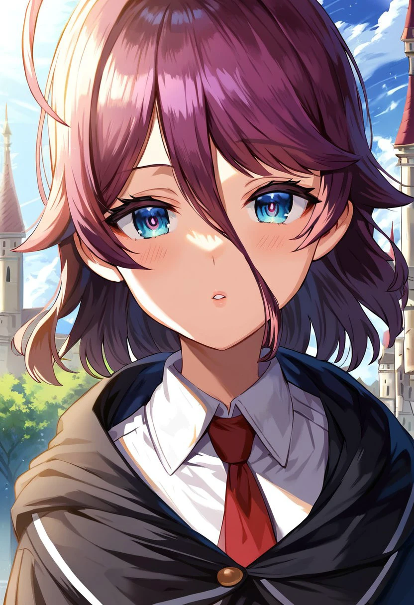 Solo, 1girl, female, young, ahoge, short hair, purple hair, bangs, hair between eyes, blue eyes, small breast, cute face, detailed eyes, slender body, perfect anatomy, detailed skin, detailed eyes, detailed lips, perfect hands, perfect face, serious expression, BREAK collared white shirt, long sleeves, black suspender skirt, pleated skirt, suspenders, red necktie, white socks, black cloak, BREAK standing, castle, colorful, looking at viewer, portrait, BREAK ((ultra-detailed)), ((best quality)), ((best quality)), ((beautiful eyes)), ((extremely detailed)), 4K, (8K), best quality, (beautiful), Master piece, highres, score_9, score_8_up, score_7_up, score_6_up, score_5_up, score_4_up, colorful, best quality, official art, highres, masterpiece, nai3, god light, detailed background, high quality background,