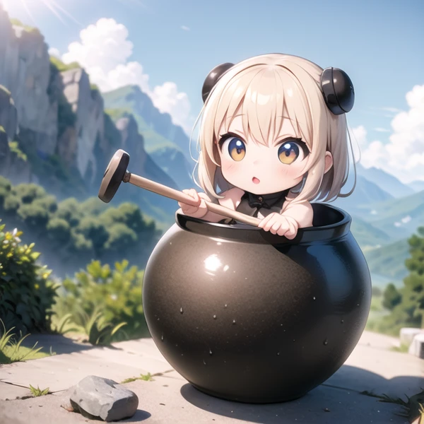 <lora:tsubo-002:1> chibi girl in tsubo pot, Long-handled hammer, on rock mountain