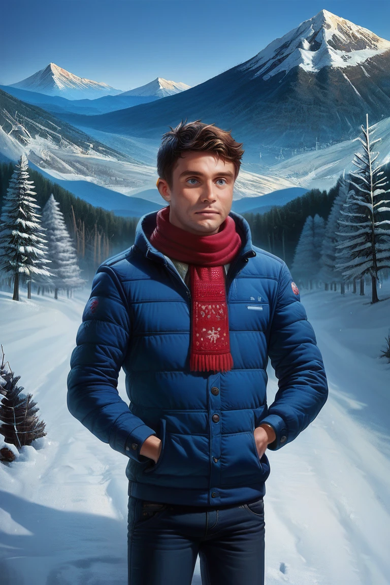 score_9, score_8, score_7, 1boy, male, winter jacket, scarf, sweater, pants, hands on hips, cowboy shot, standing, winter, mountain, pinetrees, snowflakes, 20yo boy, young man<lora:EMS-442357-EMS:1.000000>