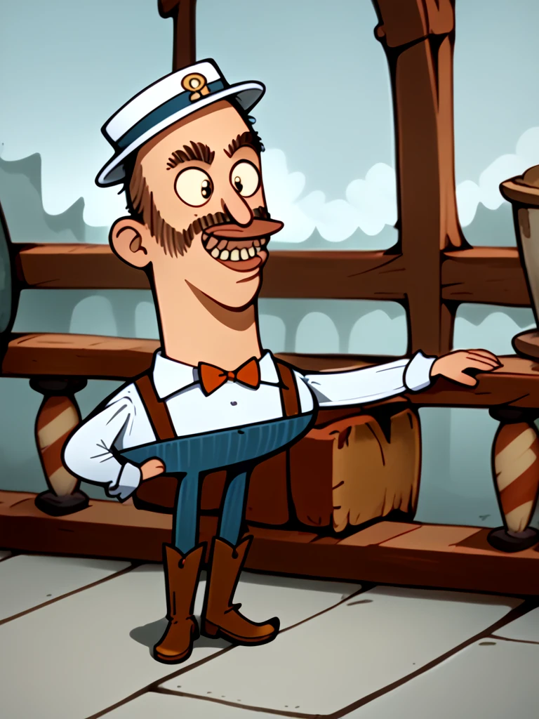 <lora:Dr_Barber_-_Misadventure_of_Flapjack:0.95> 1boy, lips, gumline, teeth, mustache, muttonchops, boater hat, hat with stipe, collared shirt, brown bow tie, brown suspenders, blue pants, brown boots, cartoon, character, full body,  male focus, hat, solo, bow, bowtie,, source_cartoon, score_9, score_8_up, score_7_up,