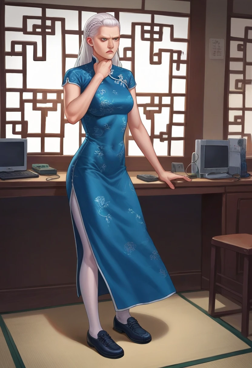 PonyXLV6_Scores,source_anime,1girl,(solo:1.2),imogenroyce,<lora:ImogenRoyceHorse:0.9>,standing,chinese clothes,china dress,blue dress,long hair,braid,white hair,white pantyhose,shoes,indoors,control room,monitors,scowling,hand on own chin