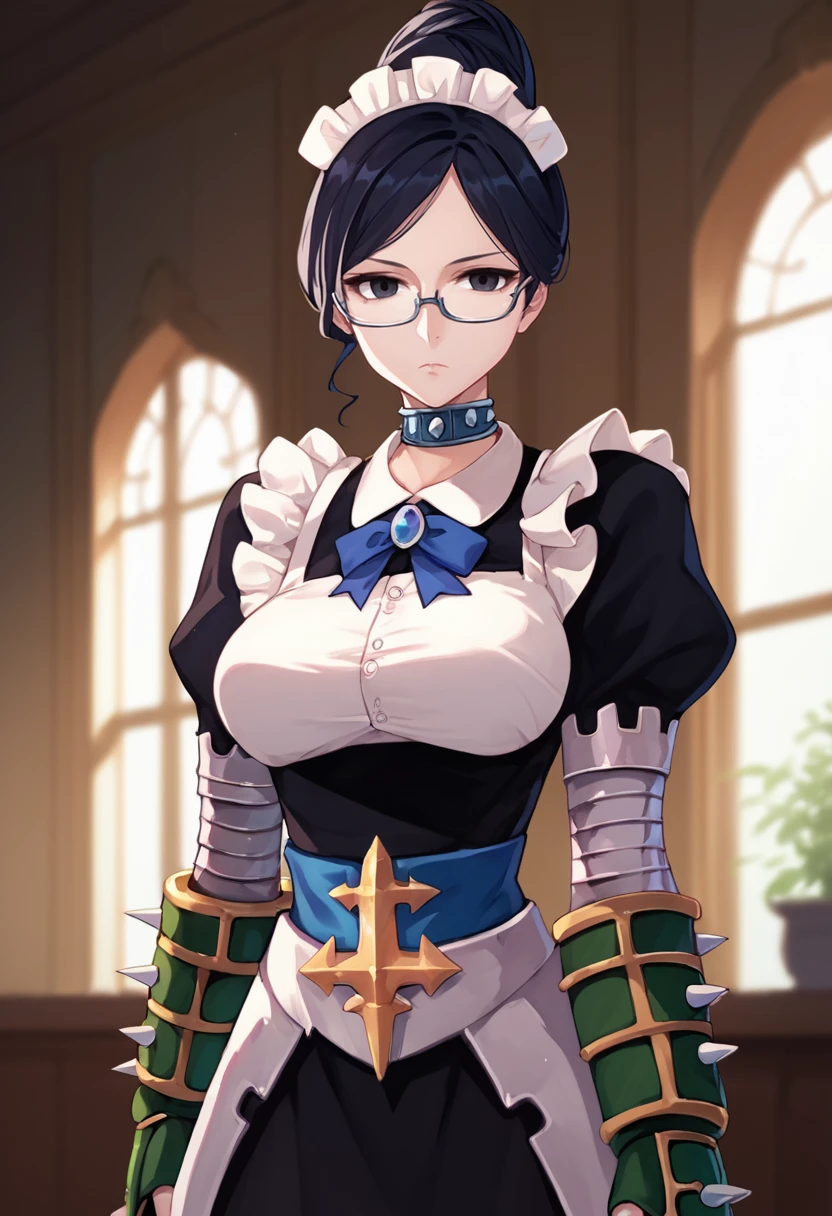 score_9, score_8_up, score_7_up, source_anime, solo, 1girl, yurialpha, expressionless, looking at viewer, single hair bun, maid headdress, black eyes, glasses, gauntlets, spikes, choker, large breasts, indoors <lora:ol_yurialpha_ponyXL:1>