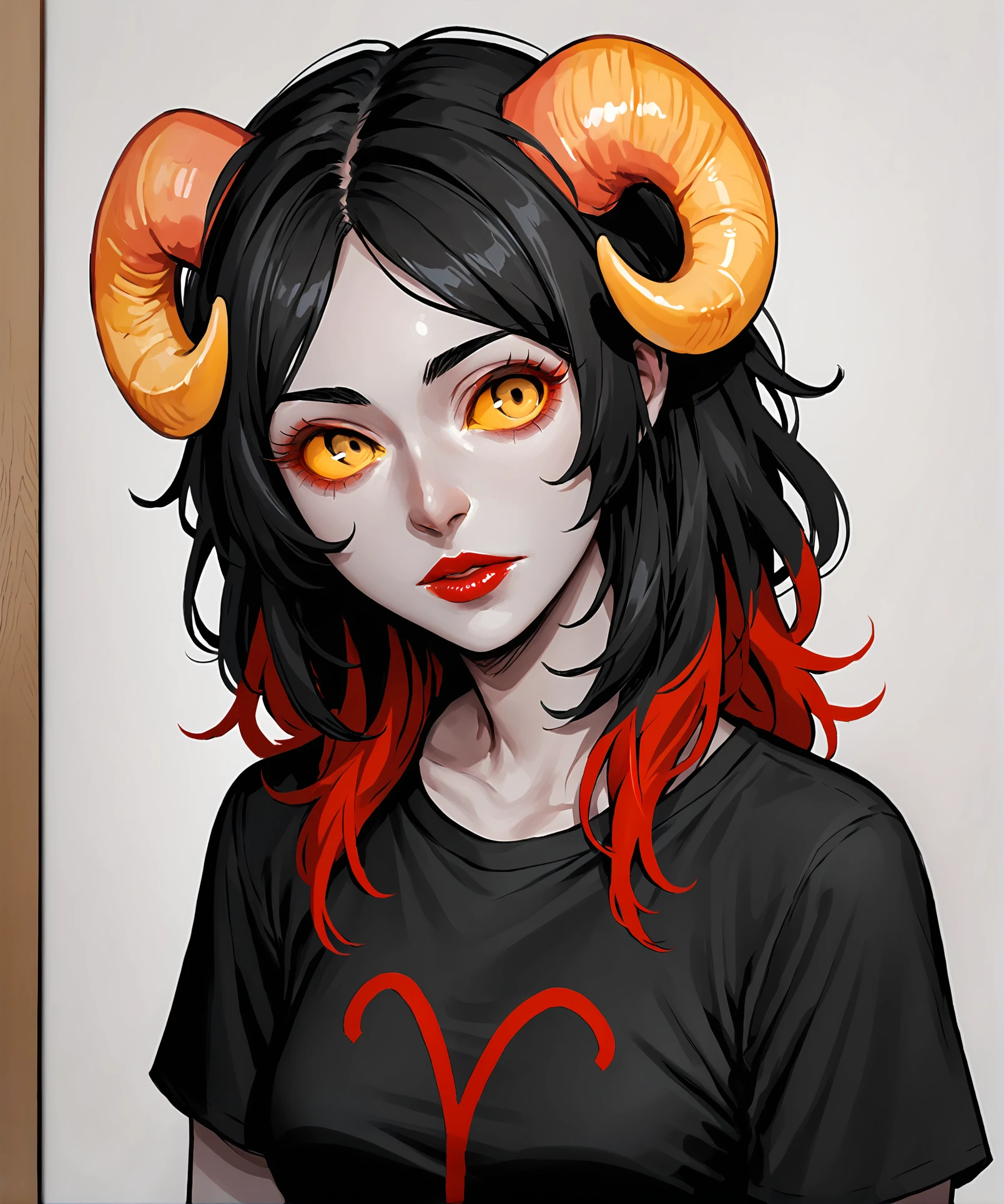 score_9, score_8_up, score_7_up, score_6_up, score_5_up, score_4_up, 2d, painting, oil painting, traditional ar, <lora:Aradia_Megido_Homestuck_-_Starter_outfit_Deadalive_versions:0.8>, aradiastart, grey skin, yellow sclera, 1girl, solo, looking at viewer, black hair, yellow eyes, red hair, multicolored hair, horns, lips, makeup, colored skin, lipstick, colored sclera, sheep horns, yellow sclera, black shirt BREAK source_anime