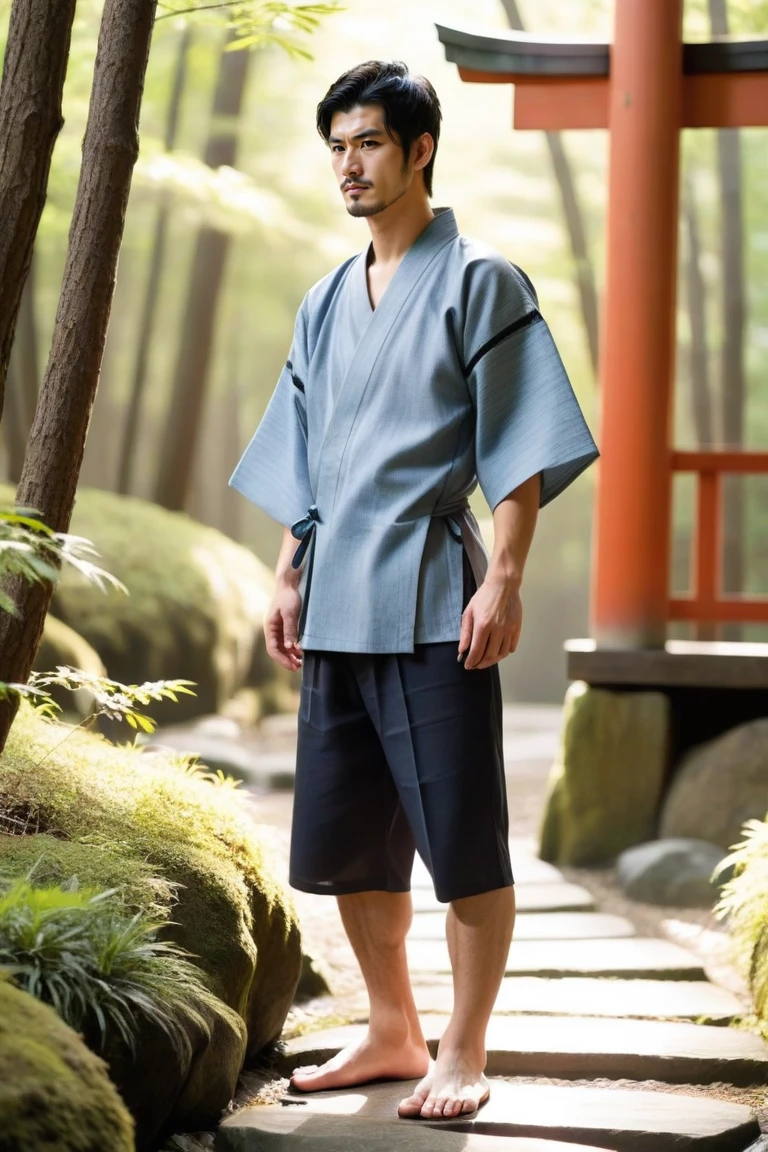 score_9, score_8_up, score_7_up, score_6_up, hannekenjinbei, outdoor, torii, forest, sunlight, feet out of frame, perfect anatomy, perfect proportions, best quality, masterpiece, high_resolution, high quality, aesthetic, absurdres, (male focus, solo male:1.2), asian man, short hair, black hair, black eyes, facial hair, stubble, clothing, japanese clothing, jinbei \(japanese clothing\), grey jinbei, yarn knitting on sleeves \(japanese clothing\), wide sleeves, short sleeves, side-knot closure clothing, jinbei half pants , adult, mature, masculine, manly, handsome, charming, alluring, standing, upper body, dutch angle, cowboy shot<lora:EMS-409804-EMS:0.400000>