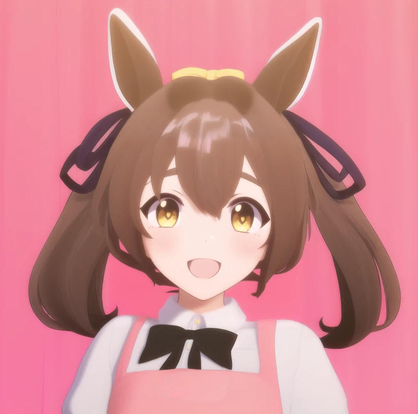 1girl,smart falcon (umamusume),horse ears,animal ears,solo,tan hair,twintails,bow,open mouth,looking at viewer,(yellow eyes),horse girl,smile,ribbon,medium hair,(hair bow),(bowtie),shirt,black bow,hair between eyes,hair ribbon,upper body,purple bow,pink background,short sleeves,white shirt,black bowtie,puffy sleeves,suspenders,puffy short sleeves,bangs,portrait,<lora:kuqishaonv:1>,high quality,super clear,