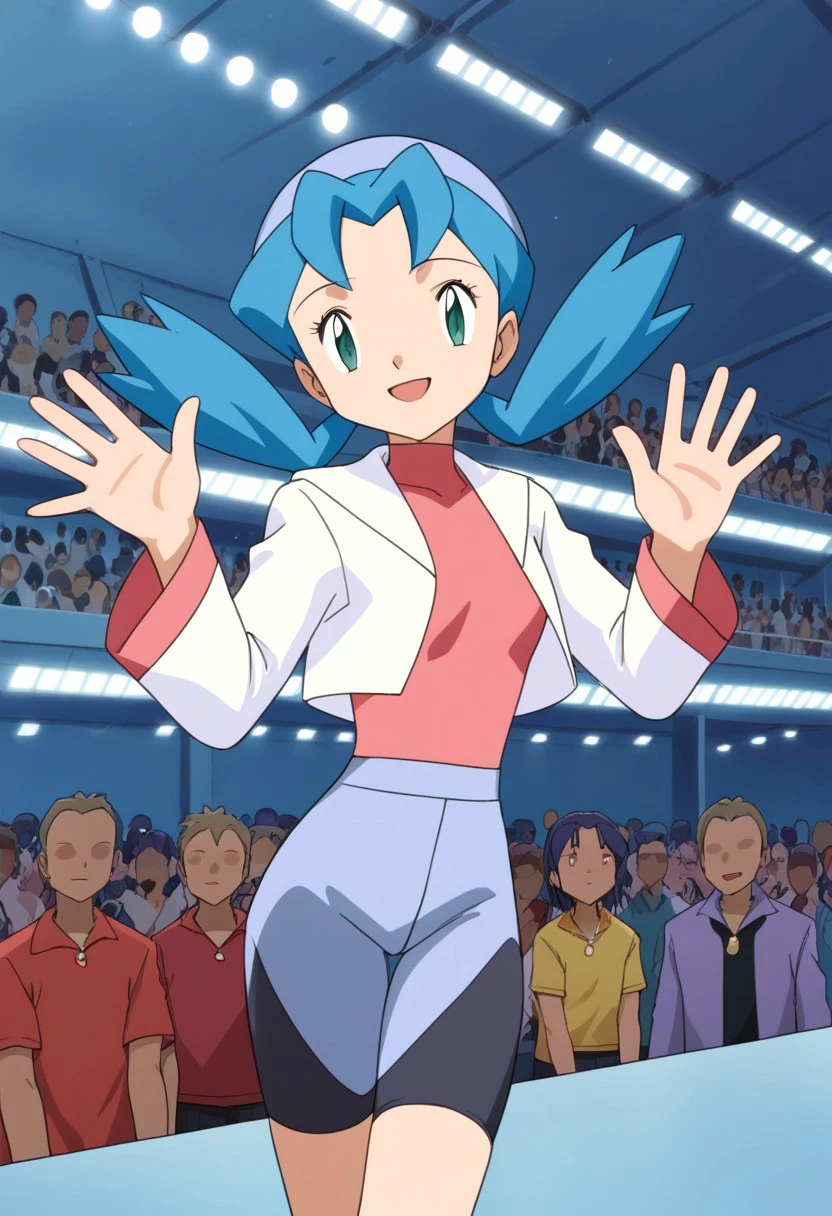 (source_anime, score_9, score_8_up, score_7_up:1), 1girl, solo focus, trainermarina, idol, on stage, audience, waving, looking at viewer